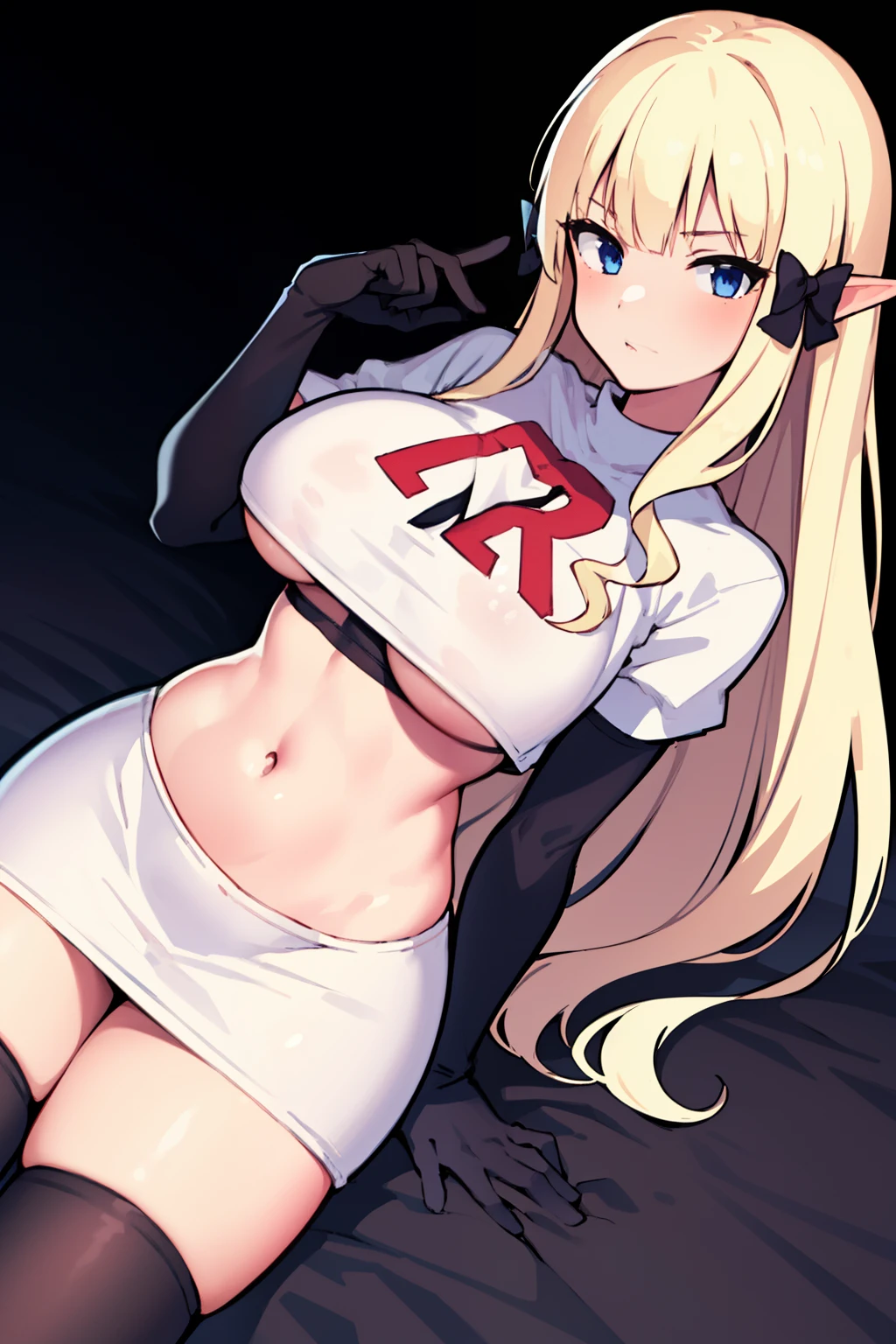 ((masterpiece, best quality)),very detailed, simple eyes,(large breasts),((1girl)), saren_\(princess_connect!\),bangs, black_bow, blonde_hair, blue_eyes, blush, bow, breasts, elf, hair_bow, hair_ornament,long_hair, looking_at_viewer, pointy_ears, team rocket,team rocket uniform,white skirt,red letter R,crop top,black thigh-highs,black elbow gloves,