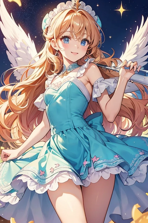Angel Cookie is a tiny, olive-yellow Cookie with golden, curly hair, wide, powder blue eyes, and an innocent salmon pink smile. They wear no distinguishable clothing, but their hips flare out horizontally into points and are adorned with a scalloped pattern of white icing, rendering their silhouette into something resembling a dress. They carry a silver wand with a five-pointed star at the tip. glitter, JELLY