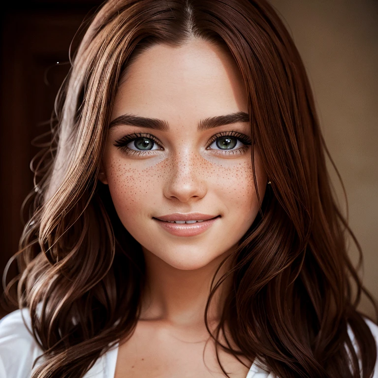 front portrait of a stunning girl, shy smile, detailed eyes, eyelashes, freckles, humongous breasts, auburn hair, super long hair, wavy hair, looking at viewer, natural lighting::1, [shy smile]::1, natural features, canon eos 6::1, 50mm lens::1
