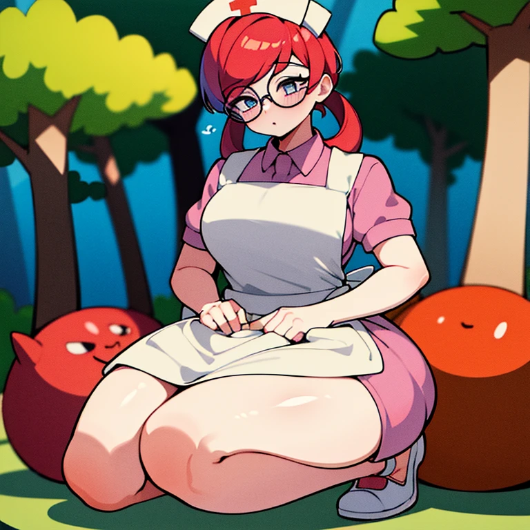 (masterpiece, absurdres, :1.2), 1girl, solo, cell shading, best quality, extreme detail, bright forest, perfect face, Penny, thick thighs, hair rings, bangs, nurse cap, pink collared dress, apron