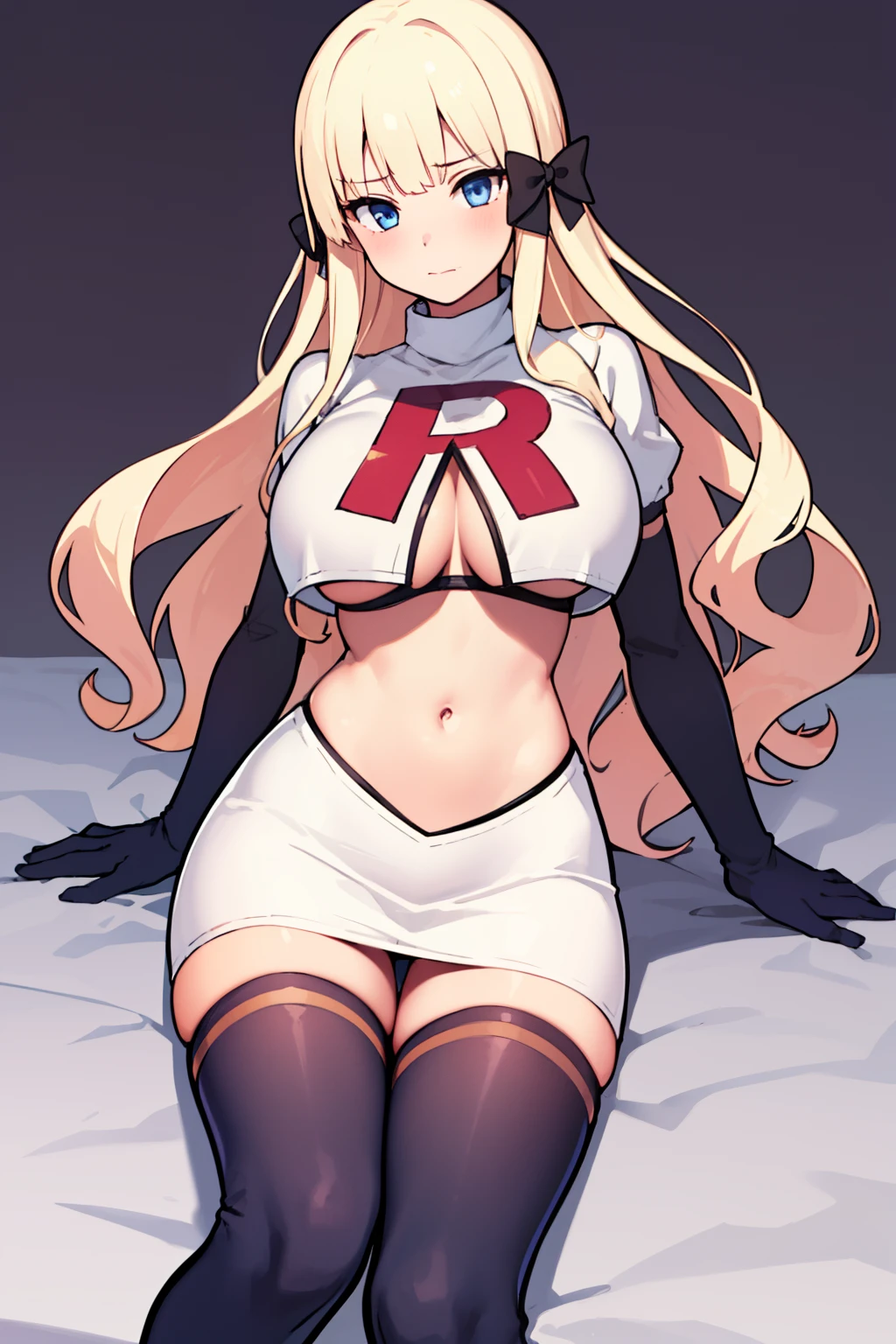 ((masterpiece, best quality)),very detailed, simple eyes,(large breasts),((1girl)), saren_\(princess_connect!\),bangs, black_bow, blonde_hair, blue_eyes, blush, bow, breasts, elf, hair_bow, hair_ornament,long_hair, looking_at_viewer, pointy_ears, team rocket,team rocket uniform,white skirt,red letter R,crop top,black thigh-highs,black elbow gloves,