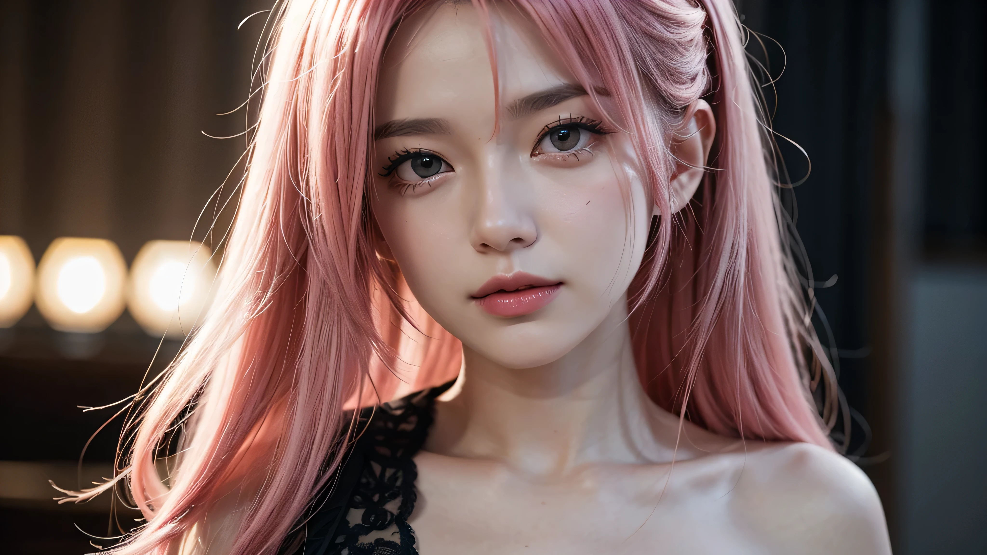 1girll,（Captivating quality：1.4），（True textured skins of the highest quality), Delicate face,Pink twin-tailed hair, Gradient Hair, （perfect bodies：1.1），Heart-shaped choker、long eyelasher,grin, hyperphotorealism, Cinematic lighting, projected inset, surrealism, hyper HD, masutepiece，Dream On，Please wear clear silk pajamas,Carmelto，tattooed，Fantasy space，Luxurious space