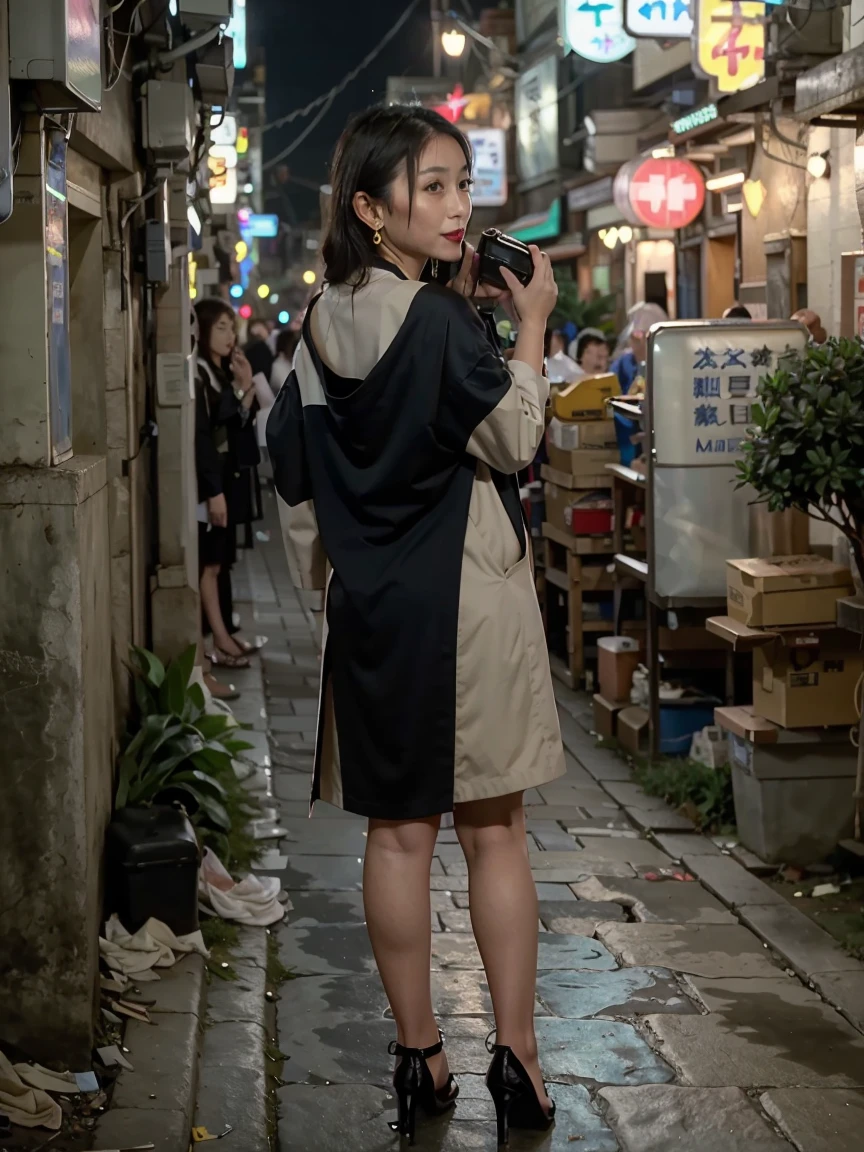 （8K、Highest image quality、highest quality、highest resolution、masterpiece、detailed、real photos、professional photography、photorealistic、CG Unity、wallpaper、UHD、soft lighting、film grain、Fujifilm XT3、Depth of bounds written、sharp focus、35mm lens focal length、Portrait）、anatomically and medically perfect body、(beautiful japanese mature)、38 years old、1 person、smiling、（明るいBrownで長い巻き髪）、(eye shadow、Eyelashes、bright red lipstick、Shining foundation、earrings、She wears a lot of sparkling jewelry、The most beautiful dark makeup in the world)、(Are thin:1.1)、(:1.1)、The clothes are dark green, a chic autumn color.、Brown、dark blue、Based on deep yellow、wearing stiletto heels、((wear a short coat))、((She opens her front and shows her bra and panties to the camera.:1.2))、(I&#39;m walking down a very narrow back alley in the dark at night.)