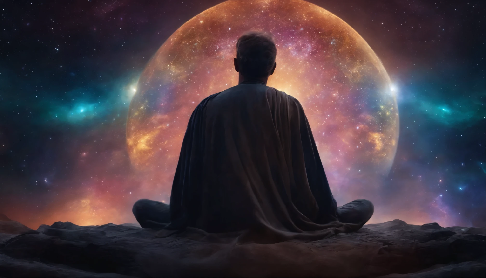 Mystical man in the middle of the universe Astral body, Etéric atmosphere, Aurico
