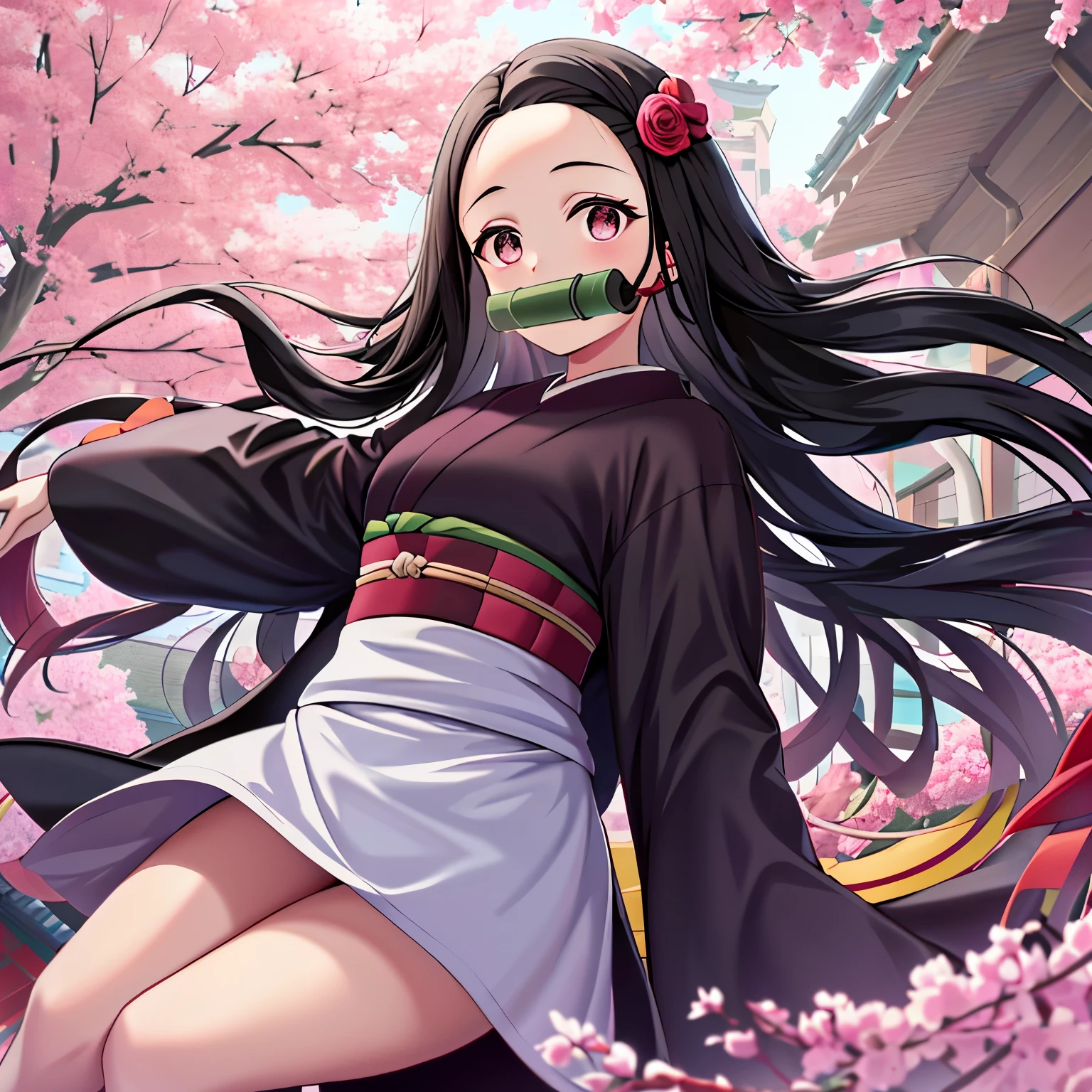 Kamado Nezuko, Bit gag, bâillonné, 1 fille dans, Un brun, Bouche fermée, front, ruban à cheveux, commun, kimono, Le poil long, Les cheveux noir et rouge , yeux roses, kimono rose, ongles roses, Ruban rose, ruban arc, fond simple, un sourire, solo, Cheveux très longs, Beau paysage urbain du vieux Japon, ((chef d&#39;oeuvre)), Mâcher du bambou sur le côté,