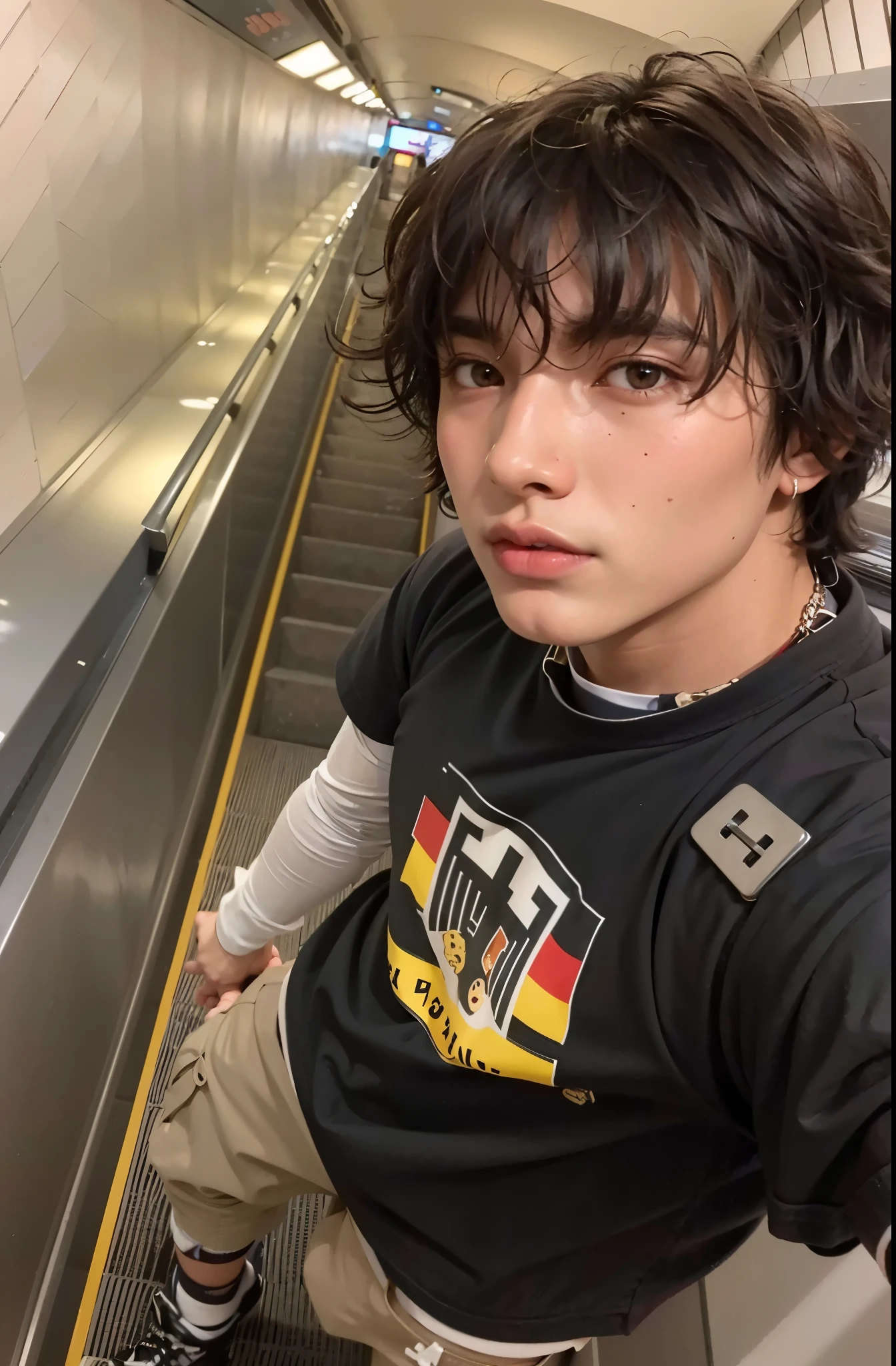 Arafed boy in black shirt and tan pants on an escalator., contraction serpentine / jugador ludwig, xqc, Finn Wolfhard, imagen de muy muy baja calidad, msxotto, tommy 1 6 years, foto de perfil, young and handsome roma pale, taken in the early 2020s, en un metro, cuchilla del grupo de drenaje, alejandro