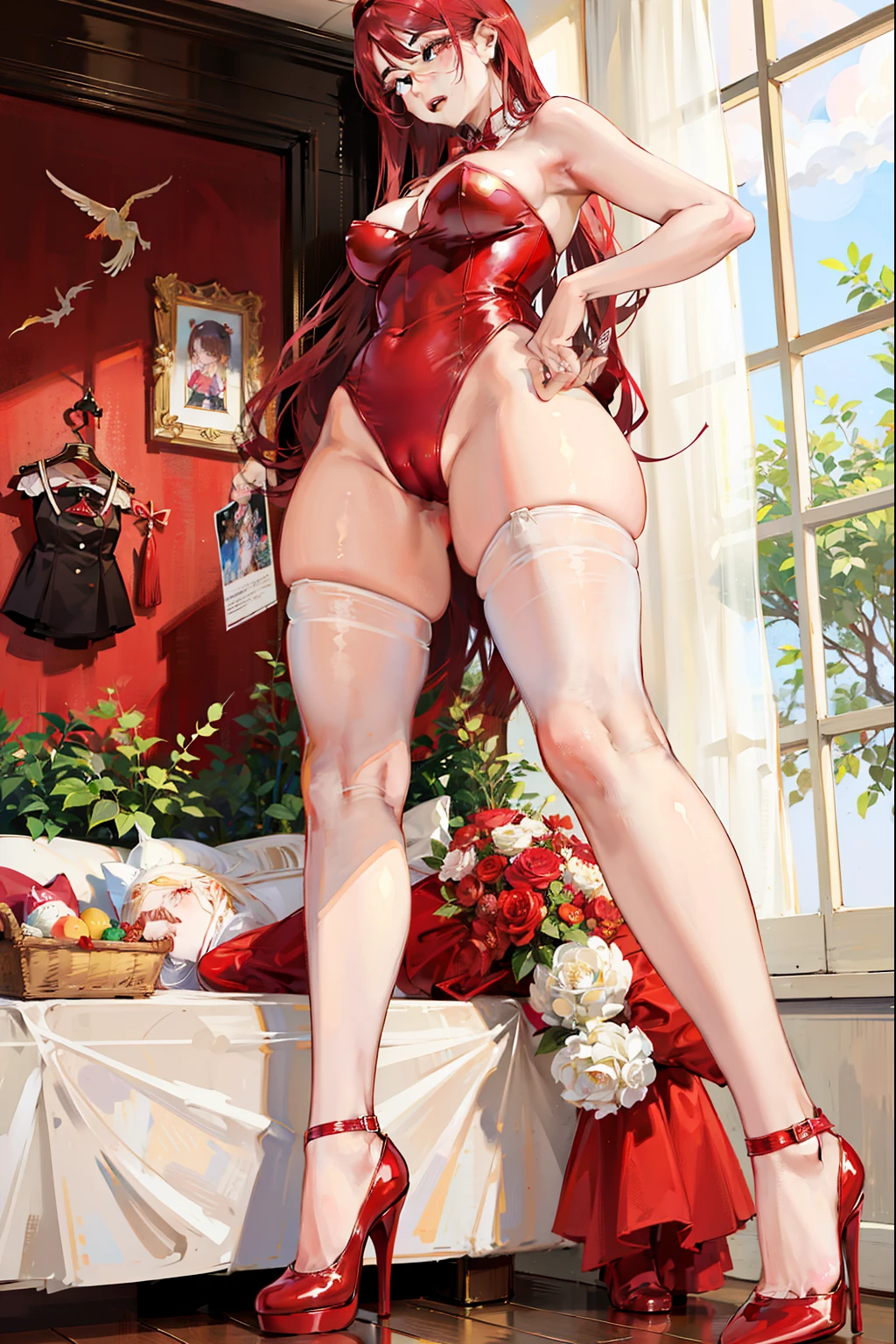 there is a woman in a red dress and red shoes posing, in red velvet stockings, angelawhite, thighs close up, wearing in stocking, pretty face with arms and legs, thighs!!!, leg and thigh shot, large thighs, dressed in red velvet, exposed thighs!!!, bare thighs!!!, bottom body close up, juicy legs, detailed shot legs-up