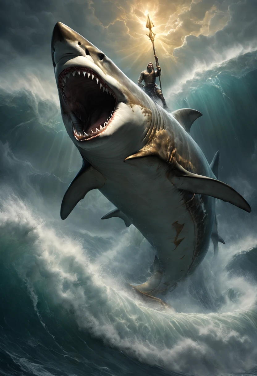 (masterpiece,best quality,highly detailed,ultra high res:1.2),a sea god riding a shark,mythology,divine power, majestic ocean waves, golden trident, shimmering scales,dynamic pose,stormy atmosphere,rippling muscles,endless horizon,oceanic realm,intense gaze,strong current,living force,dreadnought shark partner
