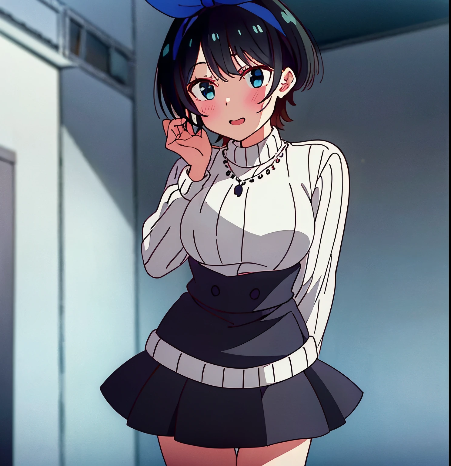 1girl, alóne,Ruka sarashina,master piece、top-quality、、jewely、skirt by the、Sweaters、a necklace、Black skirt、A dark-haired、short-hair、Rib Sweater、sox、turtle necked sweater、turtle neck、White Sox、blue eyess、long-sleeve、pleatedskirt、bow ribbon、bow ribbon、shairband、Hair Ribbon、bangss、large full breasts、Will it be exposed?、cowboy shot、ssmile、good hands, good anatomy,big breasts, medium waist, wide hips, medium thighs, short hair, black hair, blue eyes