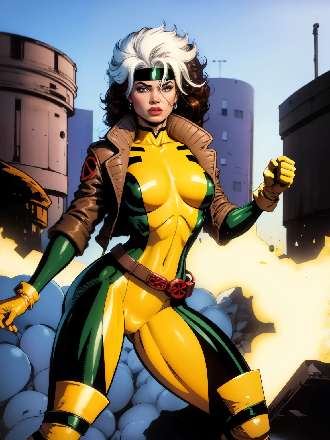 
(((COMIC STYLE, CARTOON ART))), cinematic. 01 girl, solo, lonly, A comic-style image of Rogue member of the X-Men in dynamic combat pose, fight pose. A woman with brown hair with a white streak, green eyes and special gloves. She is agry, a war Battlefield in background. She wears her traditional attire with a brown leather jacket.(((Slim Hot body, sexy, sensual, camel toes ))), (((Camel Toes))). Detailed, detailed face, intricate, glowing. Cinematic lighting . 