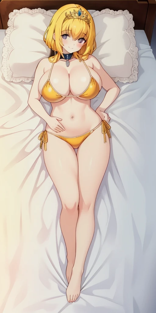 angel, armor gold (masterpiece, best quality, high resolution:1.4), 1girl, angel, skin pores texture, Hair blonde, HD , Photography, movie, cinematic, full Body, Realistic, (8k, RAW photo, best quality, masterpiece:1.2), (realistic, photo-realistic:1.33), best quality, detailed eyes blue, cute,natural lighting, depth of field, film grain, soft skin, sharp, detailed and realistic portrait of a woman , smirking lustful smile, barefeet together laying on bed, golden bikini, milf, bimbo, body over pink sheet, tiara, princess bedroom background, cover face with transparent veil, nice ass, thick hips, hands on hips