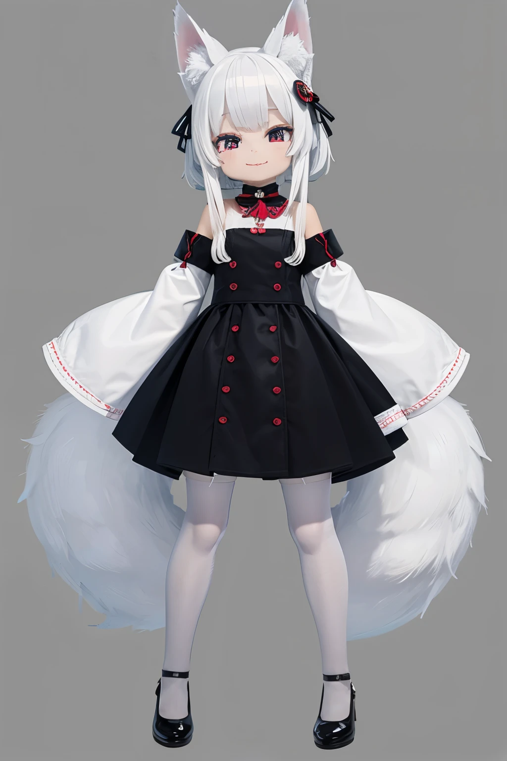 A girl with impressive white hair、Fox ears and tail、Hair Ornament、Black pantyhose、No sleeve、smile、cute shoes with accessories