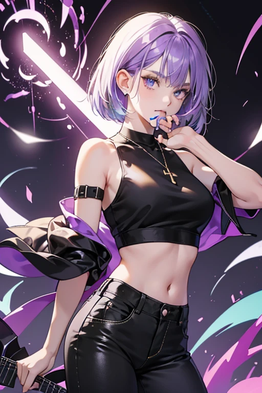Black Lemonade Cookie is an average-sized, thin Cookie with pale yellow-toned SKIN. Her hair is a thin shoulder-length bob haircut that's obsidian purple with yellow highlights of natural lemon-colored icing. Her dough has a mole underneath her mouth on the right side. She has purple eyeshadow on her face with purple markings underneath her eyes. Her eyes are iris purple with her pupils being white sparkles.
Black Lemonade Cookie's outfit consists of a pale yellow tank top that appears to be slightly ripped from the bottom with a graphic that's a purple lightning bolt. She wears a obsidian purple cross necklace with her right arm having a fishnet arm warmer with arm straps on top of it. Her pants are dark purple that appears to be distressed. She is typically seen with a electric yellow guitar pick in her mouth and having a nonchalant expression. GLITTER