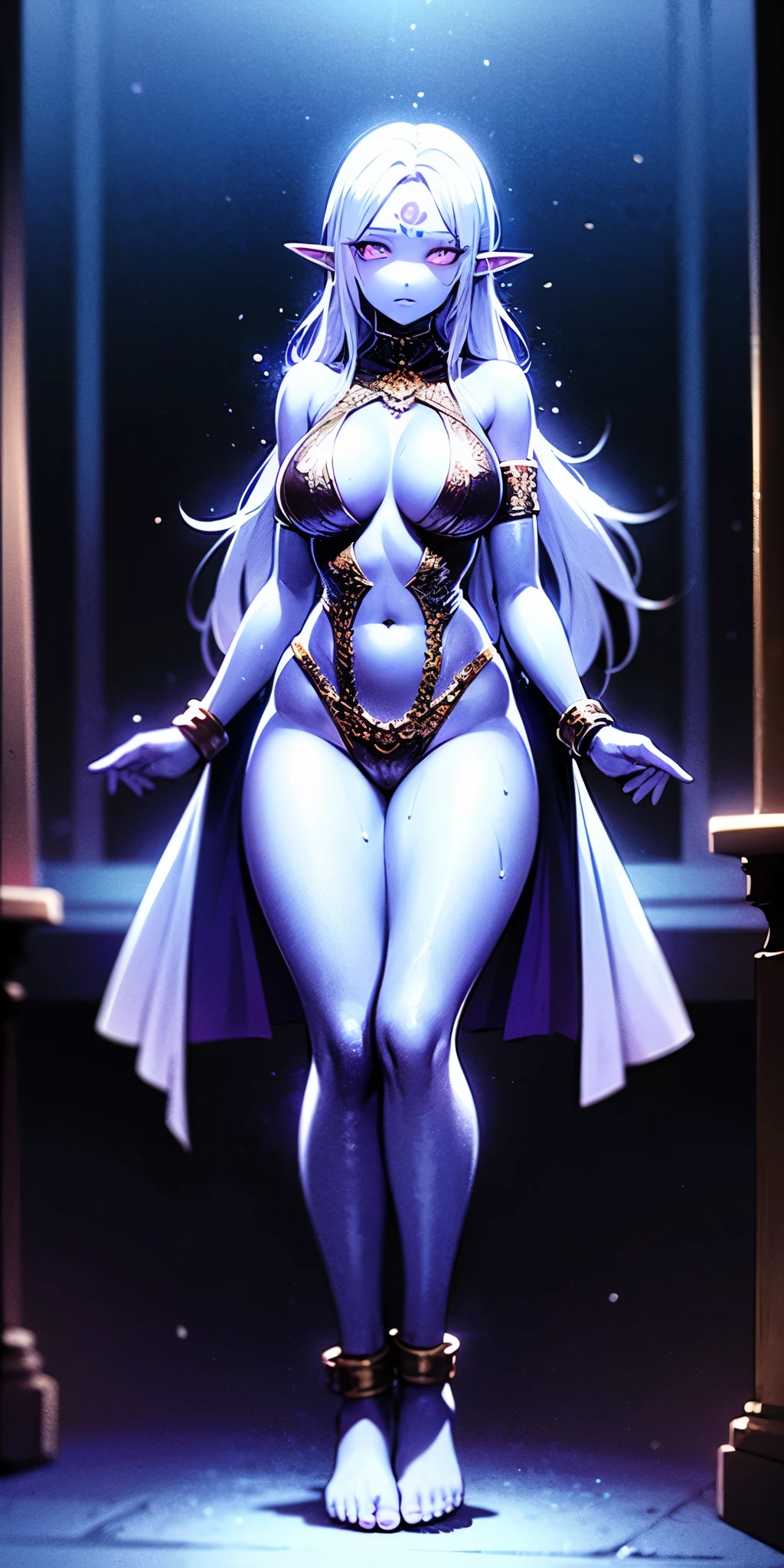 full body, head to toe, standing straight symmetrical, feet together, arms behind body, hide arms, shackles on knees, A tall and beautiful elf woman, light blue glowing eyes, cold expression, proud posture, chest up, lavender skin, purple facial tattoos, silver tied hair, exposed chest, exposed shoulders , showing her navel and thighs, looking up at the camera, with sweat on her body, her wet body, in a medieval inn.
