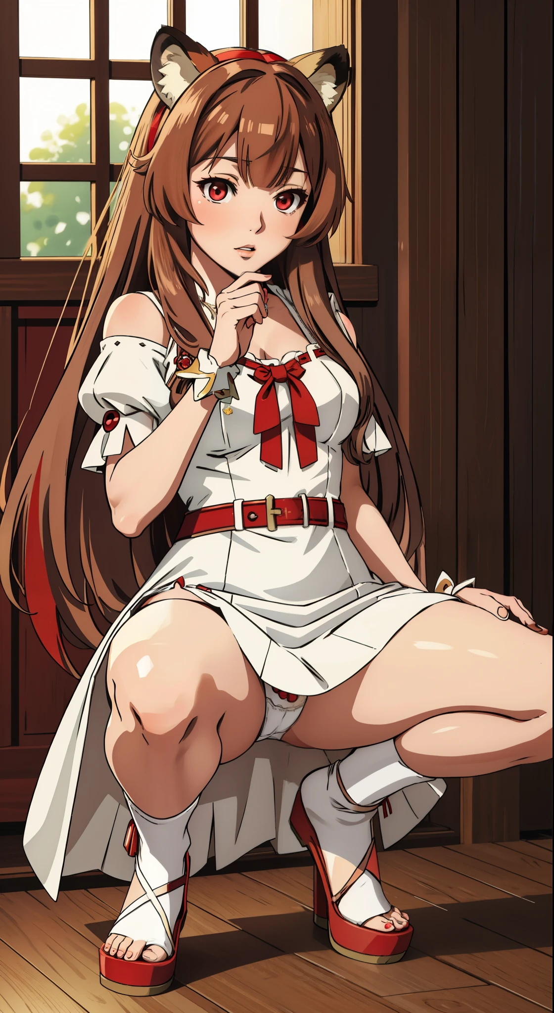 (masterpiece, highest quality), intricate details,
1 girl, Raphtalia, white dress、sexy,squatting down、Spread your legs and show off your panties、White Miniskirt Dress、spread legs,show white panties,animal ears, brown hair, long hair, raccoon ears, a racoon girl, raccoon tail, (red eyes:1.5), tail,
Hestia Cosplay, rei no himo,
