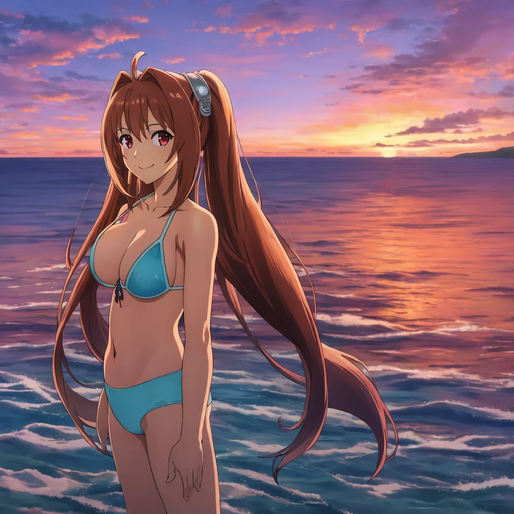 masterpiece, best quality, scEstelle, micro bikini, upper body, sky, clouds, sunset , standing, looking at viewer, sea, big tits, smile