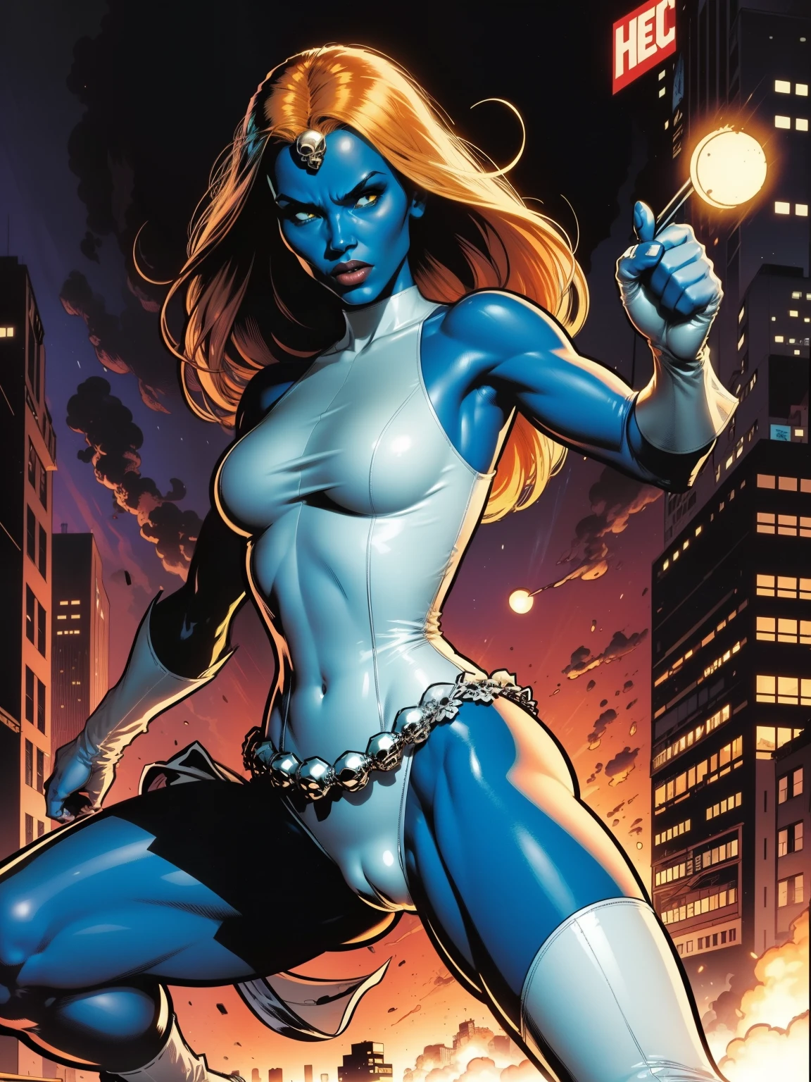 (((COMIC STYLE, CARTOON ART))), cinematic. 01 girl, solo, lonly, 19yo, A comic-style image of Mystique member of the X-Men (((in dynamic epic hero pose))), look at the camera. A woman with (((blue skin))) wearing a hot trasparent white dress. Ginger hair. slim body, Slim Hot body, sexy, sensual, (((camel toes ))), (((Camel Toes))). Detailed, detailed face, intricate, glowing. (((Cinematic destroyed city in background))), depth of field background. Back Cinematic lighting.