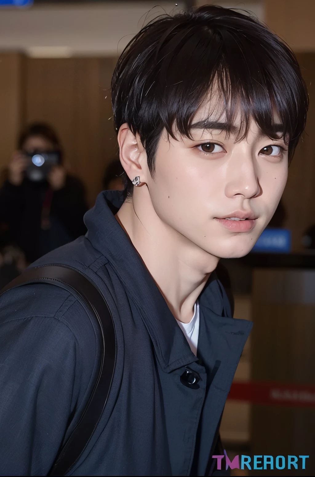 arafed asian man with a backpack and a backpack in an airport, jungkook, hyung tae, Jinyoung Shin, taken in the early 2020s, kim doyoung, shin jeongho, TaeJune Kim, cai xukun, pale korean adorable face, ironic smile, diez lee, numerosos ojos tenuemente brillantes, lindos ojos redondos rasgados