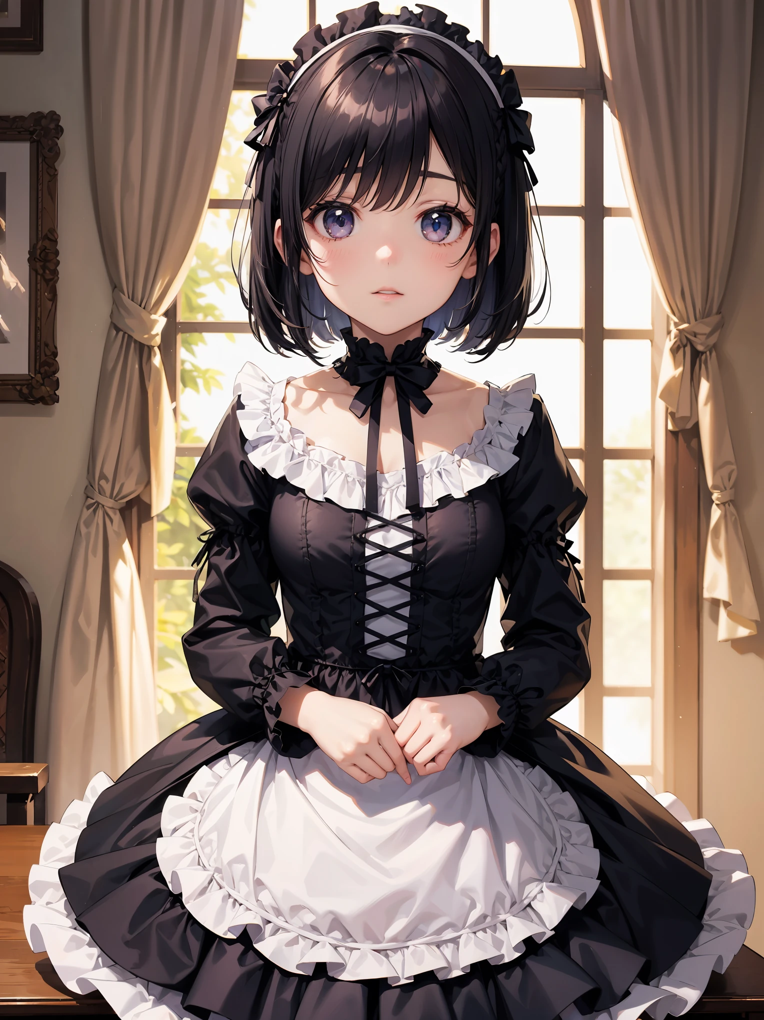 one girl、cute girl、Ruffles and laces、sweet lolita fashion girl, Carefully and accurately reproduced on a stick,one length bob cut braids、Fine silky smooth hair、super detailed soft costume,Legendary masterpieces、absolute resolution、