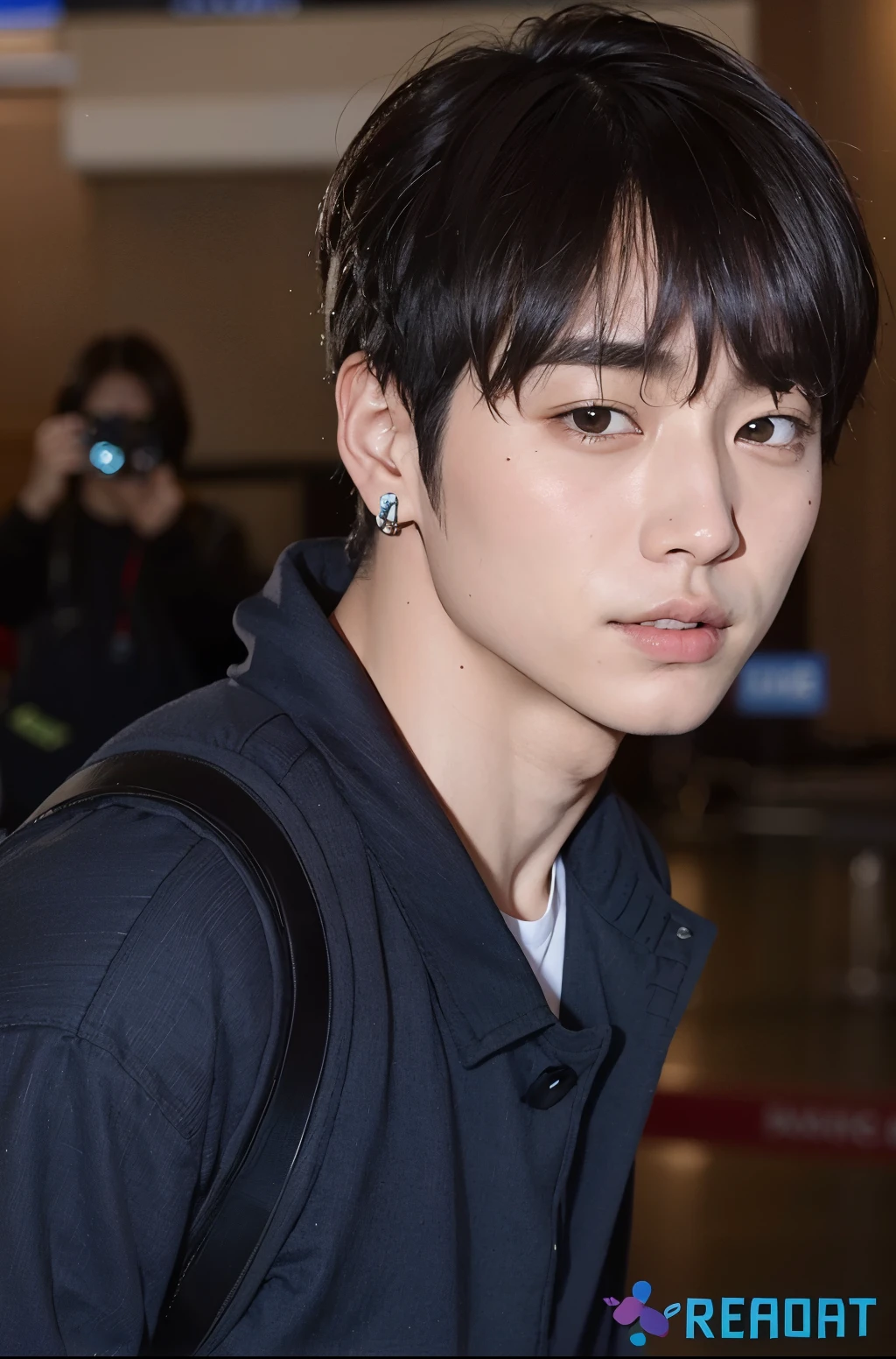 arafed asian man with a backpack and a backpack in an airport, jungkook, hyung tae, Jinyoung Shin, taken in the early 2020s, kim doyoung, shin jeongho, TaeJune Kim, cai xukun, pale korean adorable face, ironic smile, diez lee, numerosos ojos tenuemente brillantes, lindos ojos redondos rasgados