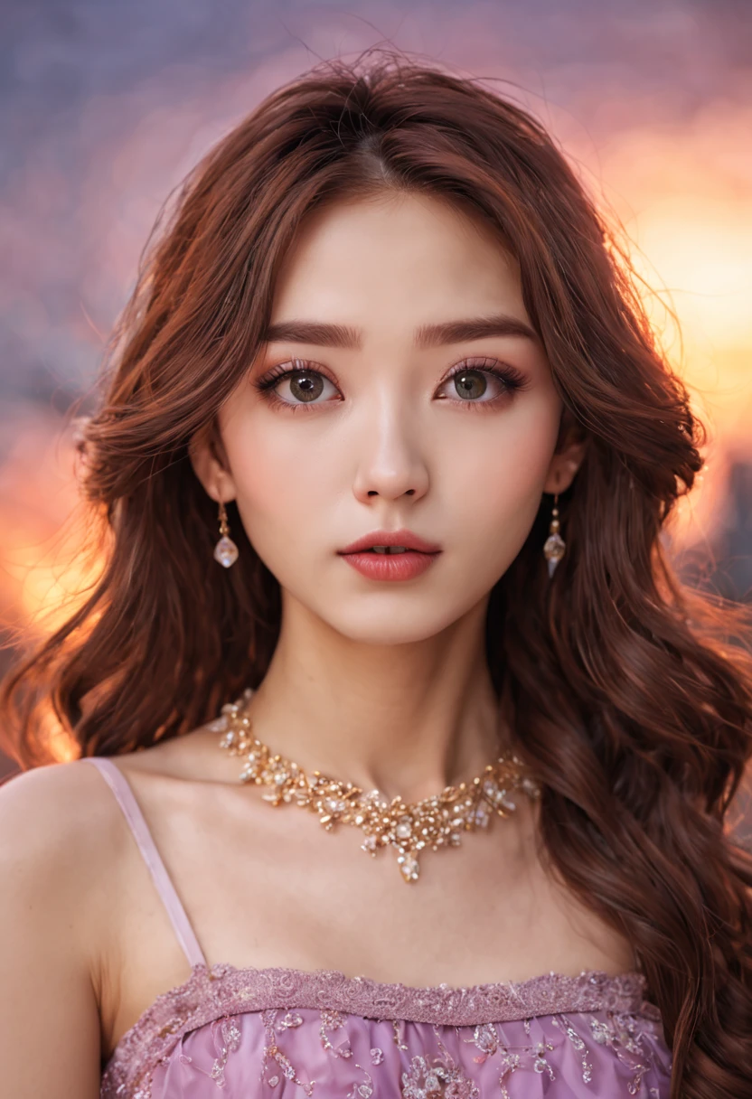 a close up of a woman with a necklace on her neck, wan adorable korean face, korean face features, beautiful aesthetic face, with cute doting eyes, popular south korean makeup, young adorable korean face, lovely delicate face, young cute wan asian face, with round face, CG unity (extreme) detail 8k wallpaper, masterpiece, best quality:1.2), High detail, Best image quality, surreal, lipsticks, Peerless beauty, long hair (violet) curly hair, Exquisite and perfect facial features, Be red in the face, body stunning figure, medium breasts, stylish, slim waist, very detailed facial and skin structure, Fair skin, harmonious facial details, fair skin, Double eyelids, a ponytail and a white dress, cute round slanted eyes, cute natural face, round and well-drawn eyes, clear cute face, realistic beautiful big eyes, glittery eyes, soulful eyes, pretty eyes, Double eyelids, soft makeup, Get close to the viewer, camera angle, dynamic angle, sunset on city