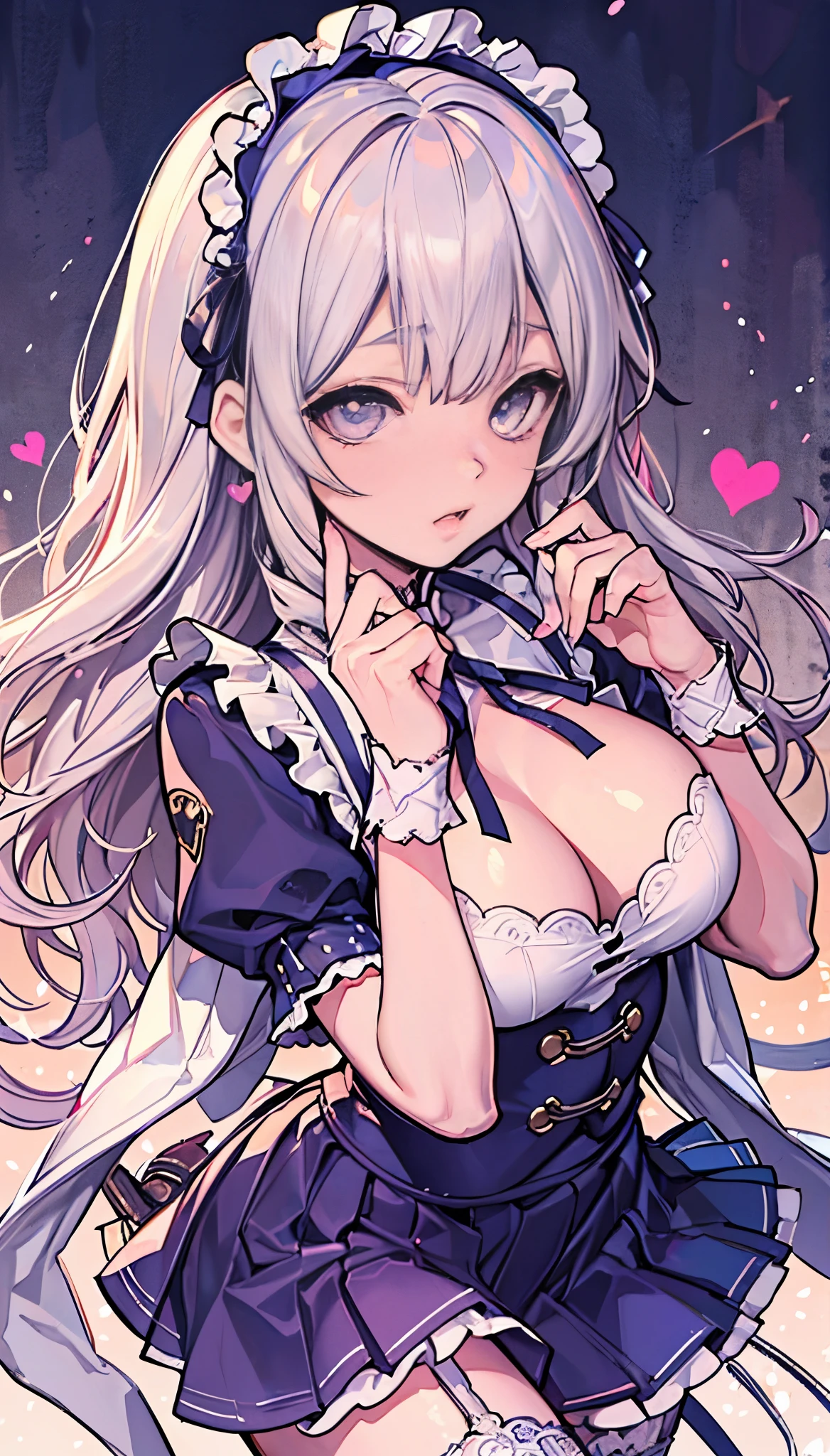 (ultra-detailed), master piece, best quality, high resolution, distinct, perfectly beautiful face, clear, bright shining eyes, long eyelashes, ta one piece, ribbon, White, lovly, heart, random hairstyles, mini skirt, big breasts, garter belt,