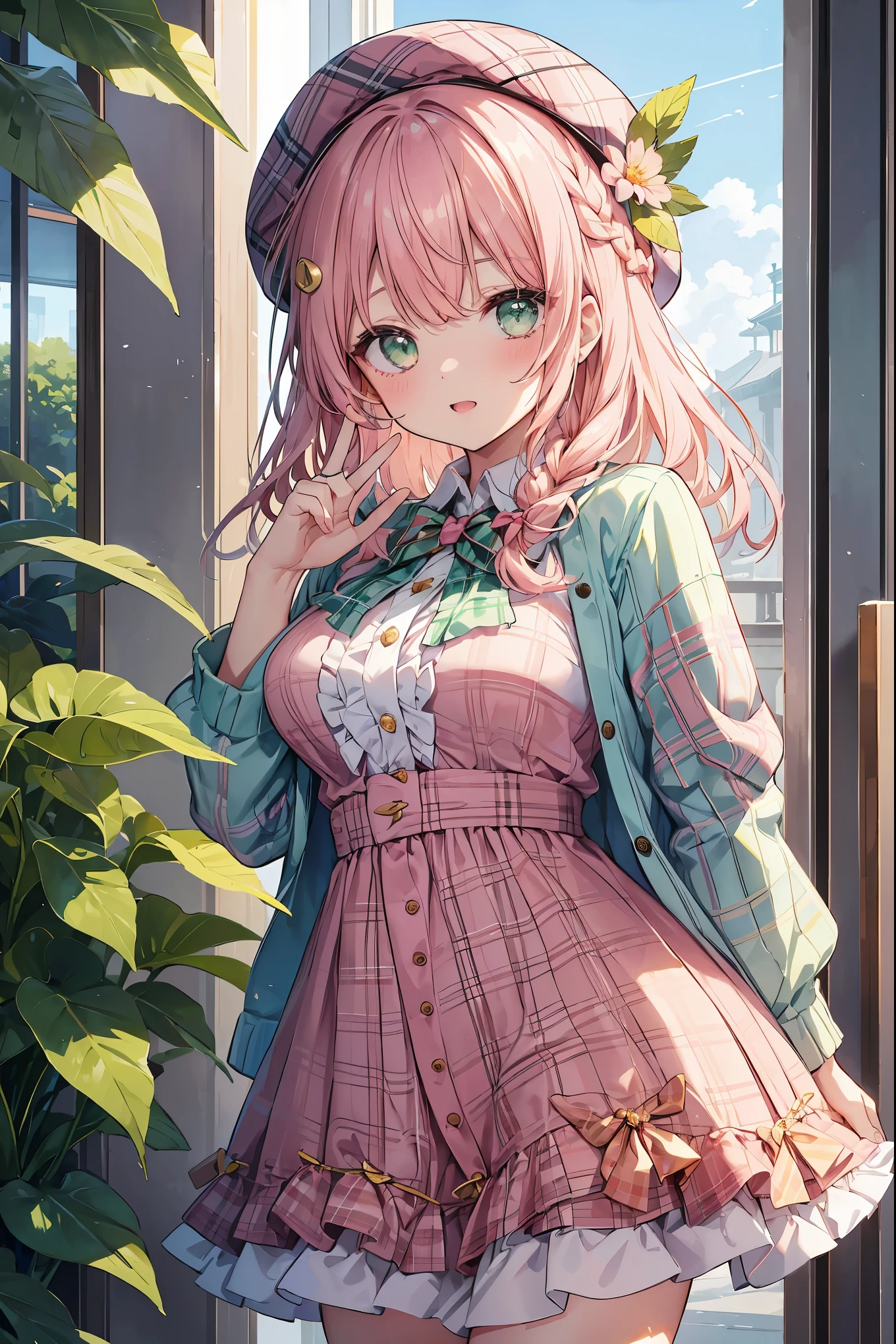 super insane detail、disorganized、ultra high resolution、super detail、highest quality、 1 girl、solo、nice hands、perfect hand-made (Vintage style beret with flower pin:1.3)、(white&pink&dark green plaid dress:1.5)、(Gold buttons on the front:1.2)、(frills、red bow tie、mint green blouse:1.4)、(peach cardigan、cable knit patterns:1.3)、(pinkタイツデニール20:1.1)、(mint green mary jane shoes:1.2) best smile、open your mouth、wave your mouth、 あざといcuteポーズ、cowboy shot、slender、Look straight ahead with shining eyes、cute、symmetrical face、超cute女の子、超cute顔、Ultra-fine eyes、super cute hair、超cute、Super beautiful、 stylish clothing design、Super famous world heritage museum、exhibition hall、Historic ancient museum、 big breasts、Soft and jiggling breasts、BREAK (medium hair、Braid、silky smooth hair、dark green eyes)、hair between eyes、hair raising pose、Nape of neck