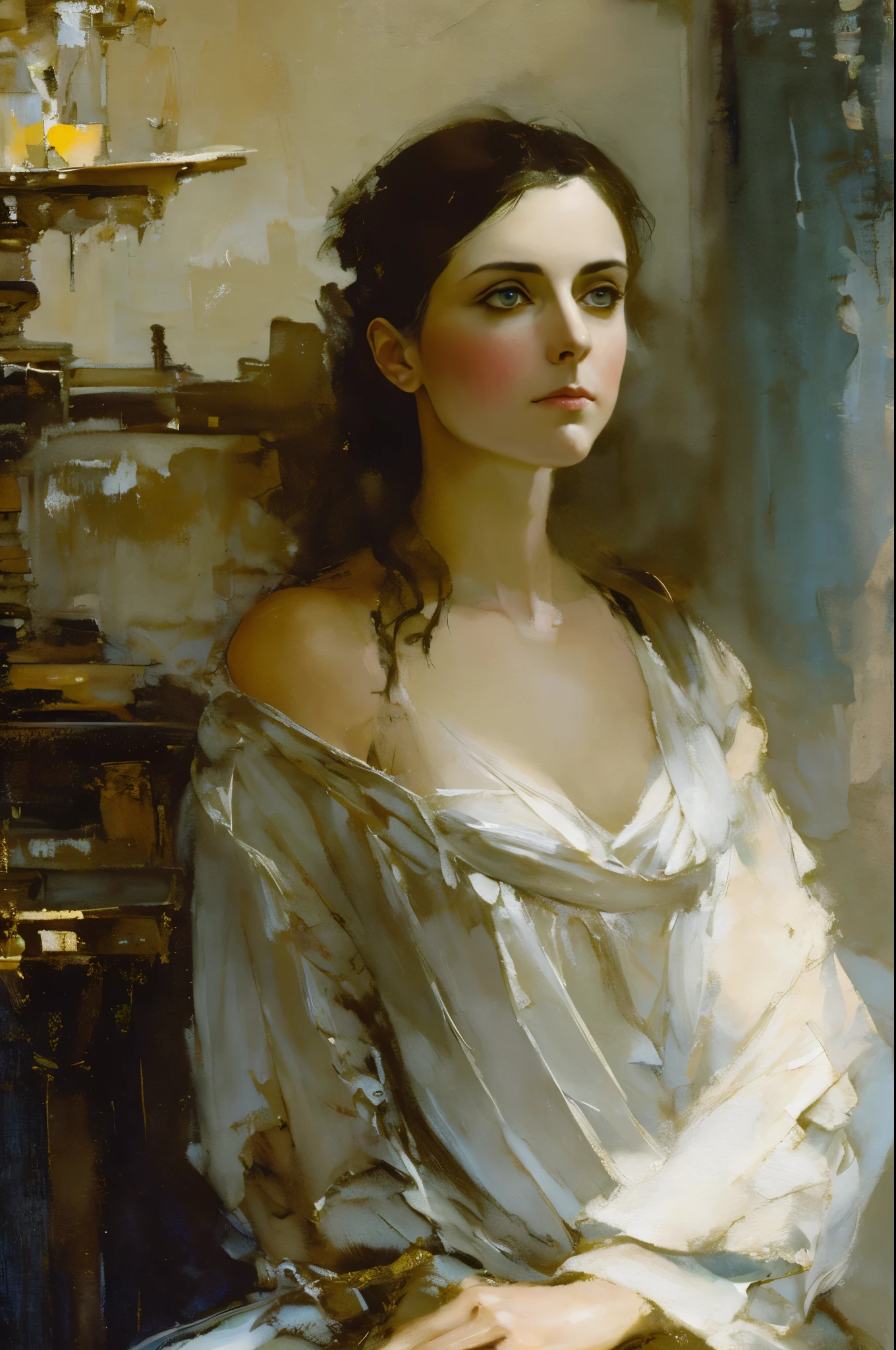 painting of woman, with influence of Jeremy Mann, Jeremy Mann, style of Jeremy Mann, Jeremy Mann painting, Jeremy Mann art, Ron Hicks, Liepke, Jeremy Mann and alphonse mucha, Works that influenced Edmund Blampid, robert lenkiewicz, Casey Baugh and James Jean, Works that influenced Willem Kalf, Nick Alm, tumbler, figurative art, Intense watercolor painting, watercolor detailed art,Beautiful and expressive paintings, Beautiful artwork illustration, wonderful, cool beauty, highest quality, official art, perfect composition,perfect angle, best shot, women only, sharp outline, melancholy, nostalgia, nostalgia, Eyes without pupils, color eye, ideal anima, In search of lost time, marcel proust, sentimental, Full body Esbian, The vague line between past and present, Recall, outdoor, Paris in the first half of the 20th century, Montmartre, Mysterious, In the garden, Dignified standing figure, The Flower of the Social World