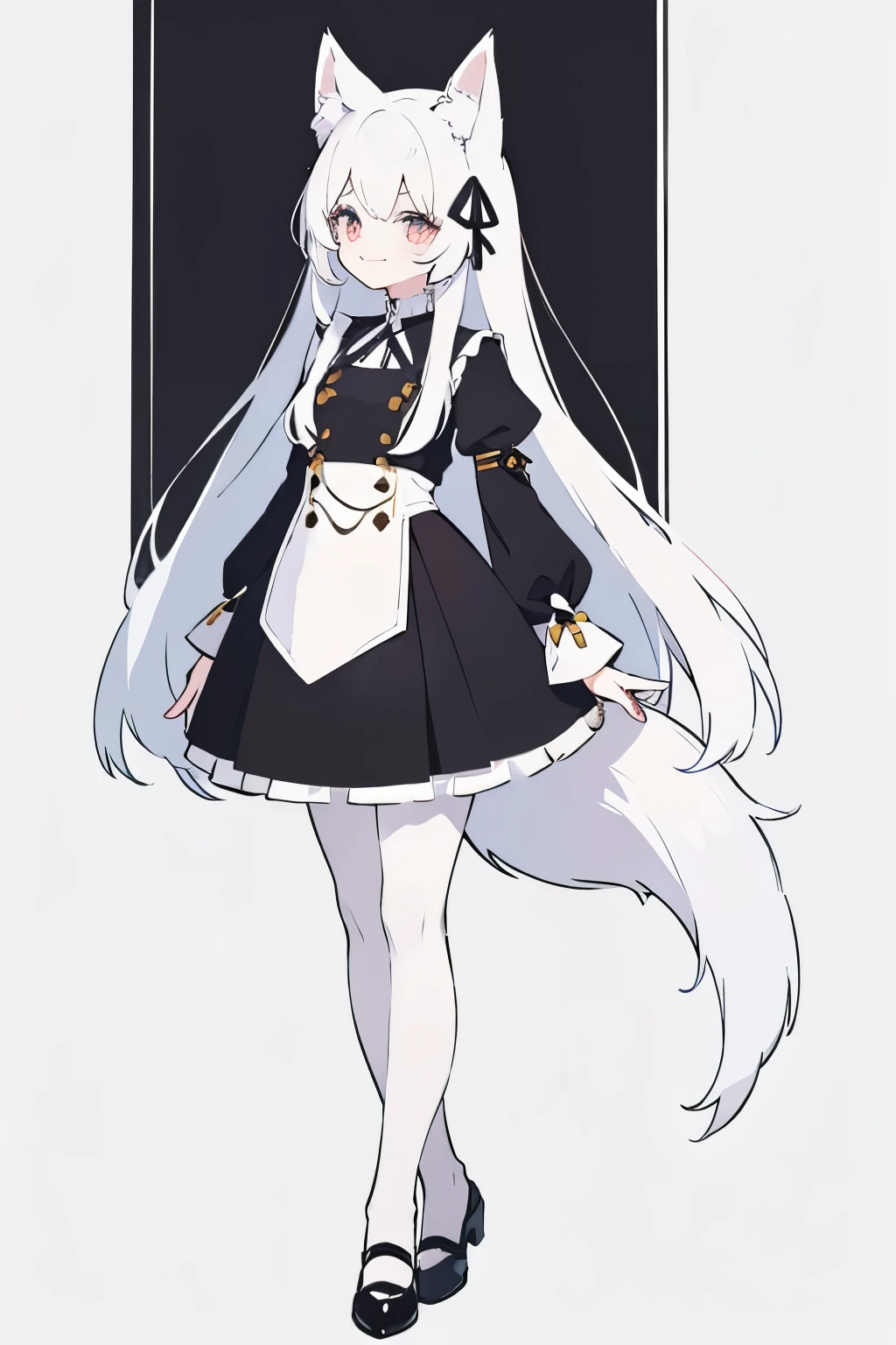 A girl with impressive white hair、Fox ears and tail、Hair Ornament、Black pantyhose、No sleeve、smile、cute shoes with accessories