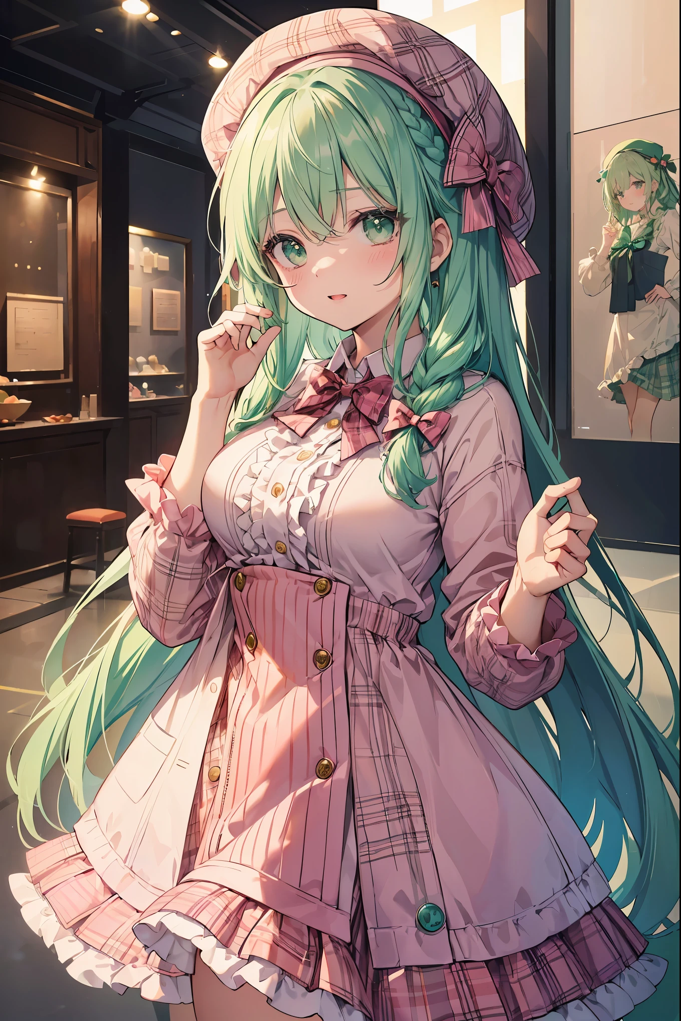 super insane detail、disorganized、ultra high resolution、super detail、highest quality、 1 girl、solo、nice hands、perfect hand-made (Vintage style beret with flower pin:1.3)、(white&pink&dark green plaid dress:1.5)、(Gold buttons on the front:1.2)、(frills、red bow tie、mint green blouse:1.4)、(peach cardigan、cable knit patterns:1.3)、(pinkタイツデニール20:1.1)、(mint green mary jane shoes:1.2) best smile、open your mouth、wave your mouth、 あざといcuteポーズ、cowboy shot、slender、Look straight ahead with shining eyes、cute、symmetrical face、超cute女の子、超cute顔、Ultra-fine eyes、super cute hair、超cute、Super beautiful、 stylish clothing design、Super famous world heritage museum、exhibition hall、Historic ancient museum、 big breasts、Soft and jiggling breasts、BREAK (medium hair、Braid、silky smooth hair、dark green eyes)、hair between eyes、hair raising pose、Nape of neck
