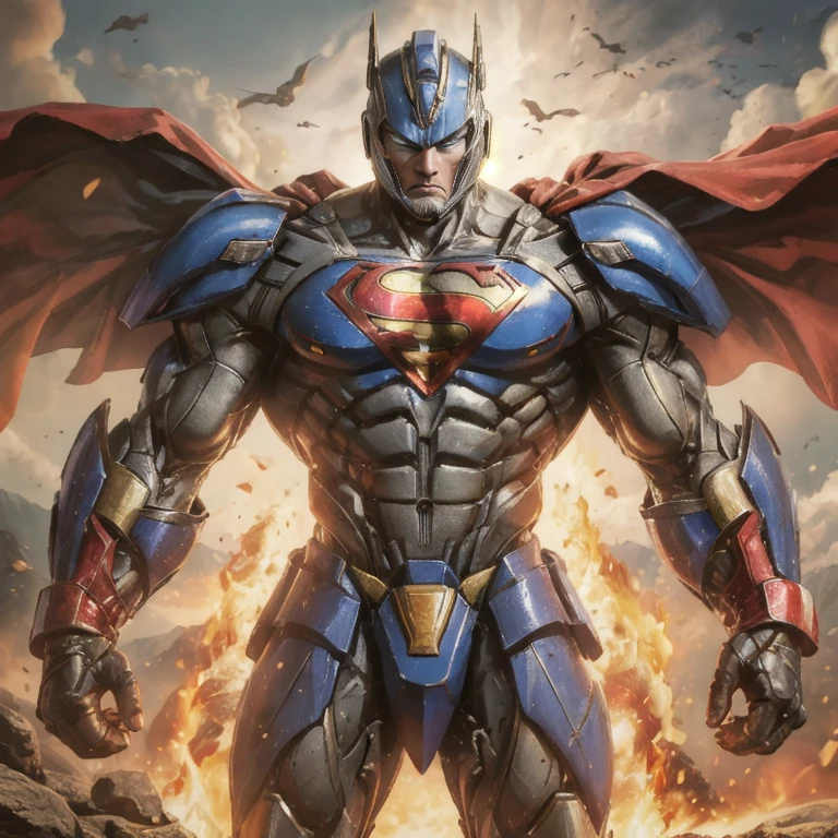 a close up of a superman standing in front of a fire, transformers cinematic universe, wojtek fus, hq 4k wallpaper, transformers : the last knight, in the movie transformers, thertrevkaiser, dwayne johnson as superman, artstation masterpiece, super robot, goku fused with optimus prime, japanese dc live-action movie, hd wallpaper, inspired by Zack Snyder