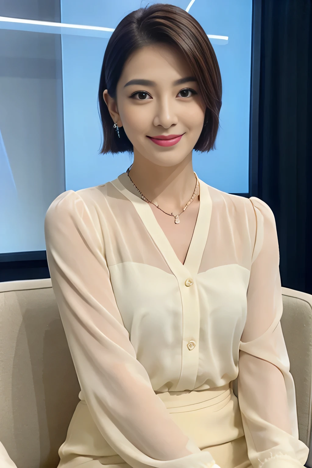 best image quality、ultra high resolution、1 girl、beautiful face、short hair、Announcer in silk long-sleeved blouse、Sitting in the studio、wear earrings、