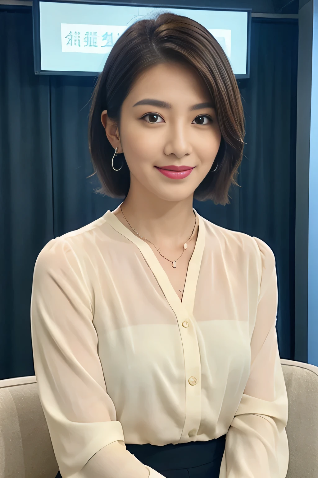 best image quality、ultra high resolution、1 girl、beautiful face、short hair、Announcer in silk long-sleeved blouse、Sitting in the studio、wear earrings、