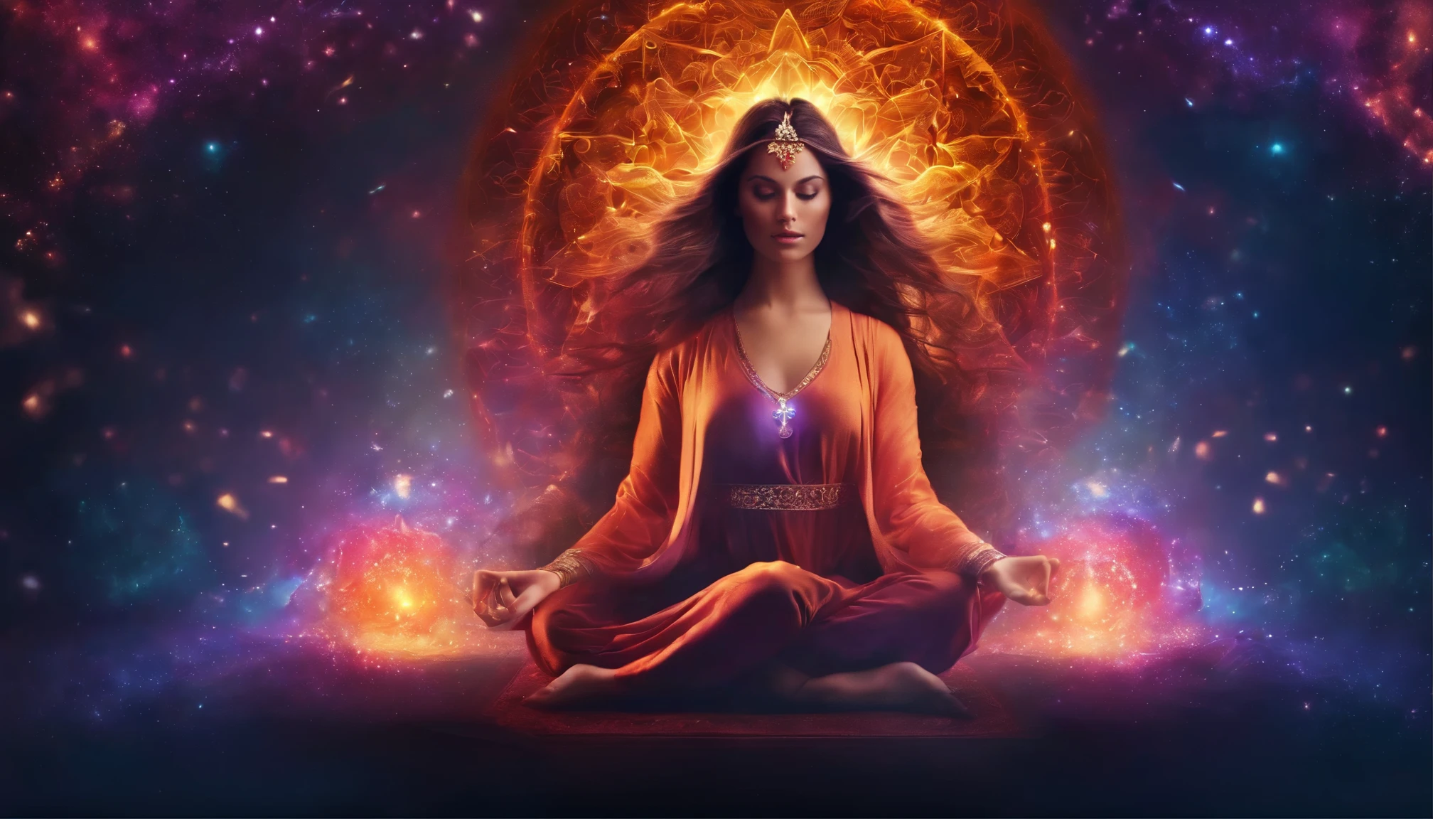 a pregirl，Meditate cross-legged, at centre，Very bright colors, Light particles, with light glowing, Mshiv, wallpaper art, UHD wallpaper