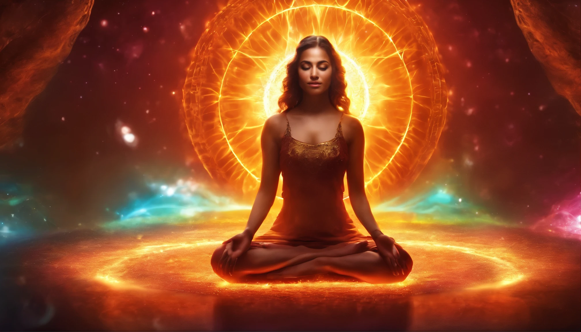 a pregirl,Meditate cross-legged, at centre,Very bright colors, Light particles, with light glowing, Mshiv, wallpaper art, UHD wallpaper