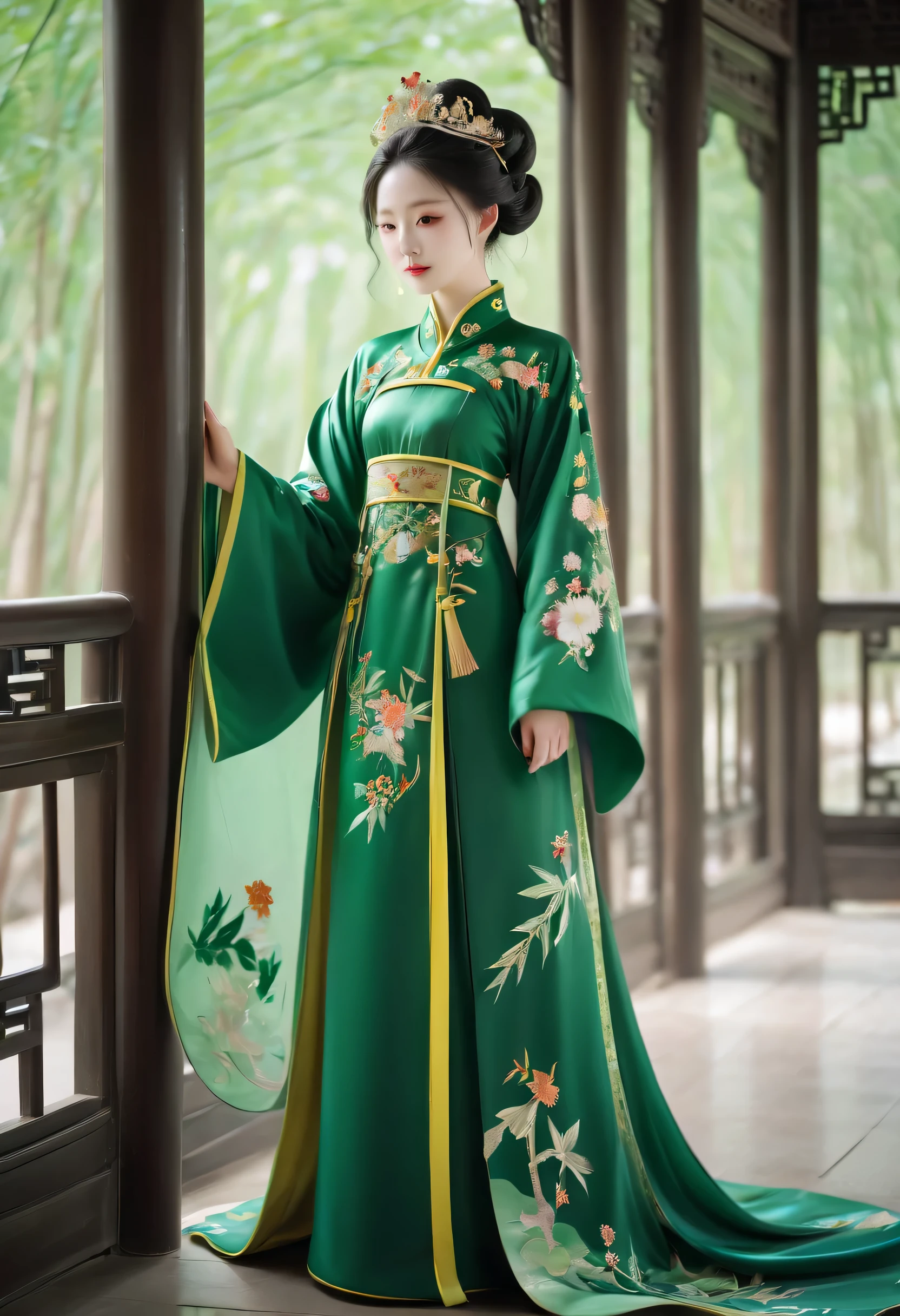 a green embroidered robe,bamboo embroidery,Chinese clothing design,Silk fabric,Symmetrical style,Full body queen, masterpice, hanfu, chinese palace background, head piece