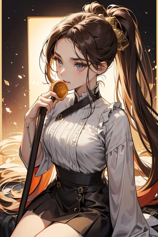 Caramel Arrow Cookie is a relatively thin Cookie of average height with warm-toned, dark brown SKIN. Her steely eyes are a deep black with bronze reflections and her brow is furrowed in a tenacious expression. Her mouth is generally slight and humorless and takes a deep plum hue. Caramel Arrow Cookie's hair is considerably long, its length billowing down to her feet even while in a pulled-up fashion, and it ends in a stylized, cloud-like swirl of curls. Her long hair is doubly tied in that its length is fashioned into a high ponytail while a higher section is spun into a bun atop her head. Against her forehead sits a lifted bang that drops into two curling strands layering her left eye. The right side of her hair is fully pulled back into her ponytail and two loose strands border her face on either side. Overall, her hair takes a stark obsidian tone as its base and is adorned with spiraling streaks of striking caramel brown, evoking an image of brown sugar spreading amongst dark tapioca pearls. GLITTER