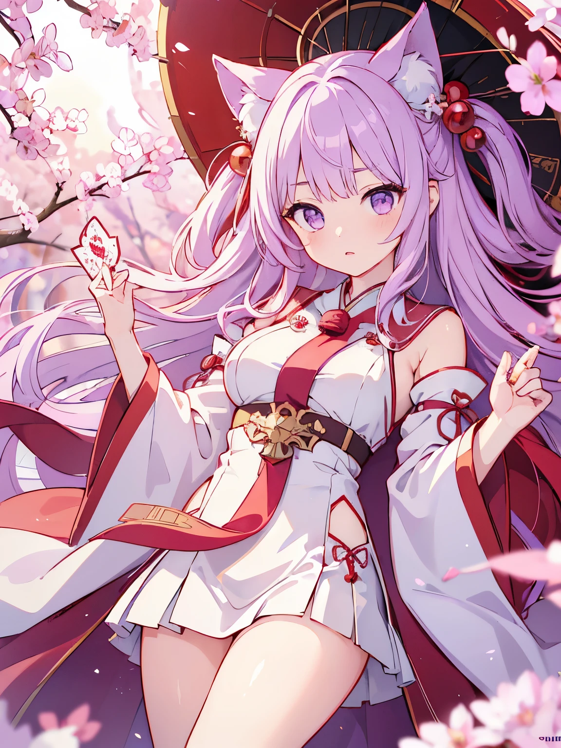 (highest quality:1.4), High resolution, masterpiece,, 1 girl,, light purple hair, purple eyes, (Kemomimi), medium breasts, bare slim thighs,, hair ornaments, (red|White Japan priestess uniform), removed sleeve,, red面,, lanthanum, shrine,, detailed face,