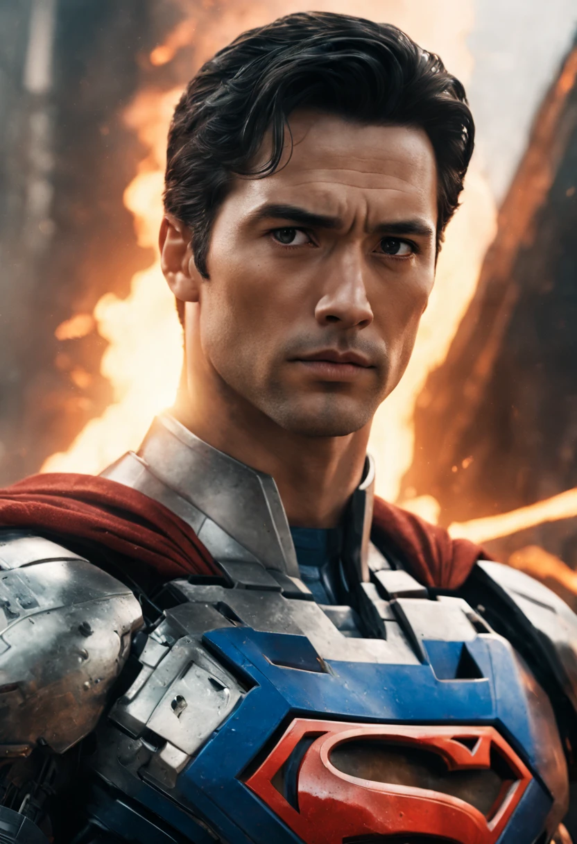 a close up of a superman standing in front of a fire, transformers cinematic universe, wojtek fus, hq 4k wallpaper, transformers : the last knight, in the movie transformers, thertrevkaiser, dwayne johnson as superman, artstation masterpiece, super robot, goku fused with optimus prime, japanese dc live-action movie, hd wallpaper, inspired by Zack Snyder