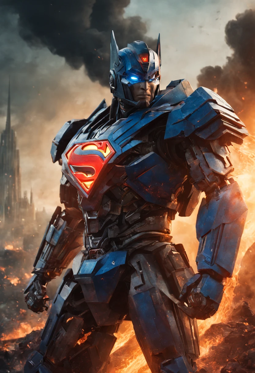 a close up of a superman standing in front of a fire, transformers cinematic universe, wojtek fus, hq 4k wallpaper, transformers : the last knight, in the movie transformers, thertrevkaiser, dwayne johnson as superman, artstation masterpiece, super robot, goku fused with optimus prime, japanese dc live-action movie, hd wallpaper, inspired by Zack Snyder