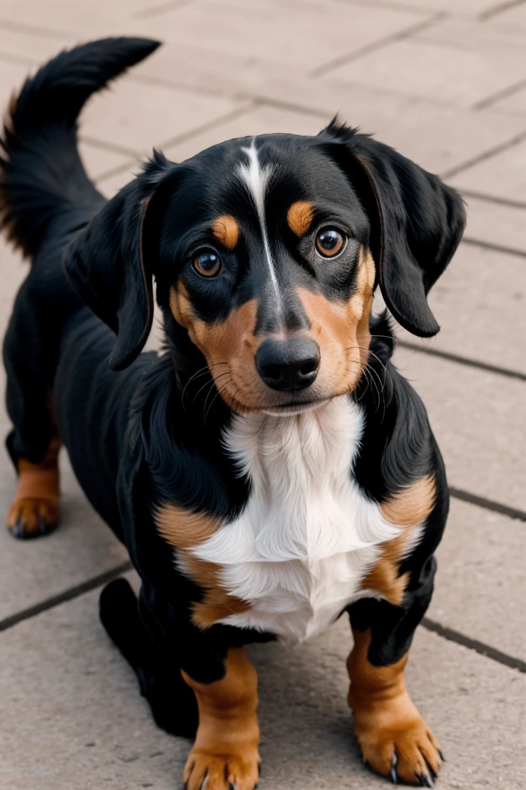 dynamic photography, varied angle Harlequin Dachshund Dog color black or brown