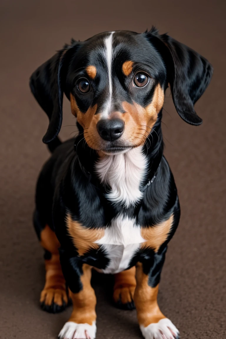dynamic photography, varied angle Harlequin Dachshund Dog color black or brown
