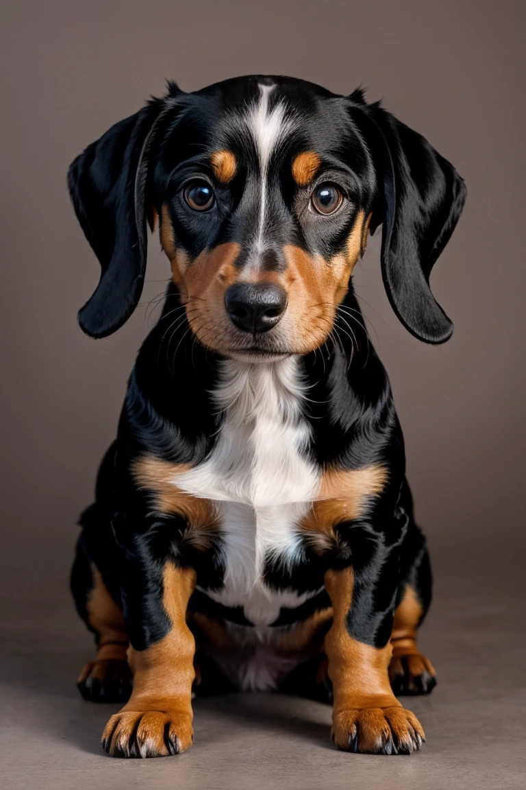 dynamic photography, varied angle Harlequin Dachshund Dog color black or brown
