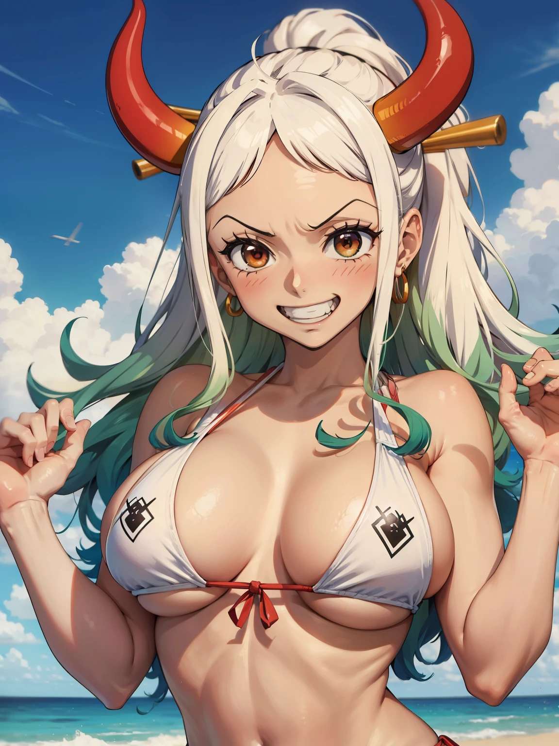Micro bikini,One woman,one piece,Yamato,Yamato,swimsuit,white hair, green hair, red horns, big breasts, (very blushing), smile