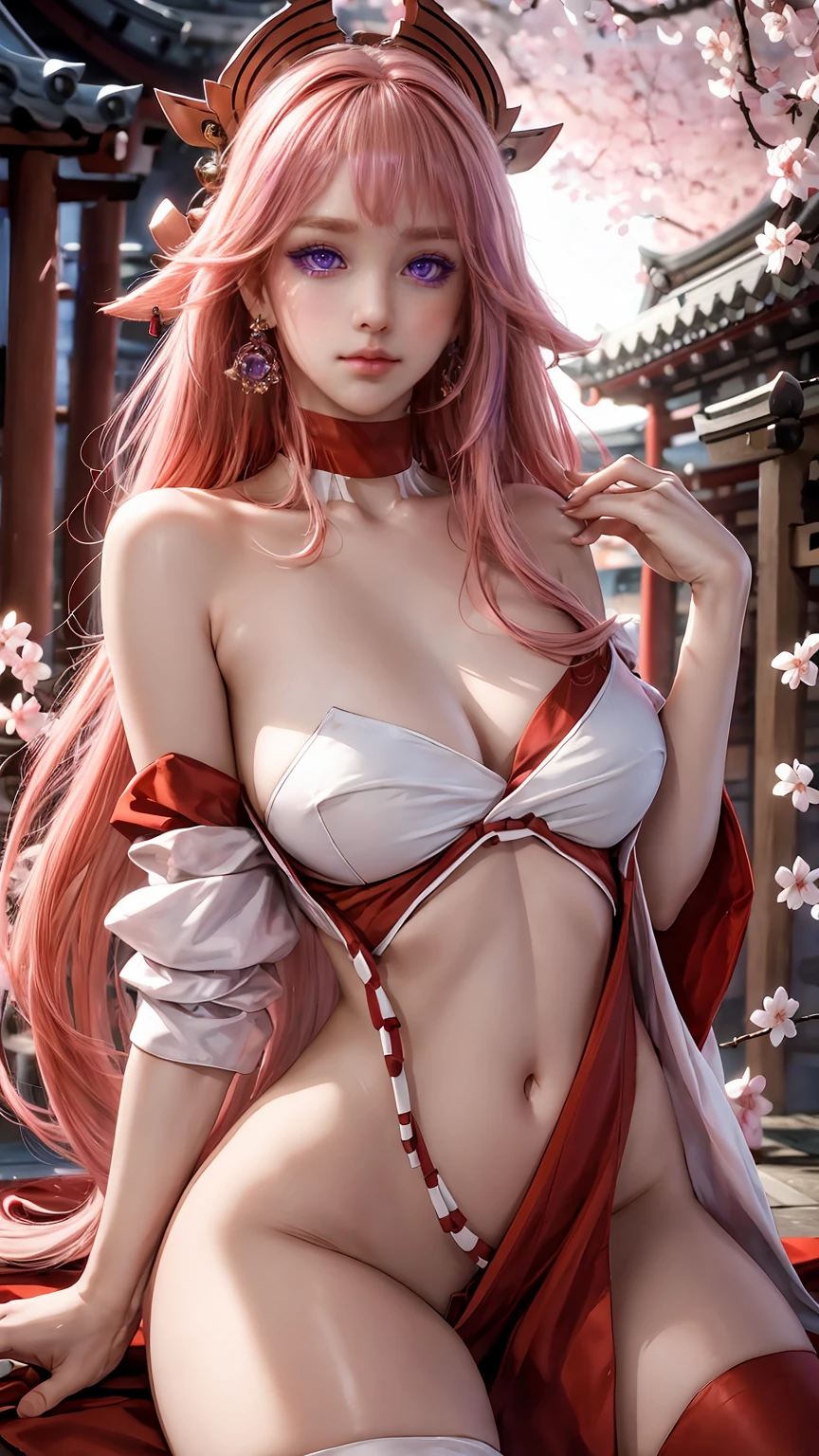 Masterpiece, Excellent, 1girl, solo, complex details, color difference), realism, ((medium breath)), off-the-shoulders, big breasts, sexy, Yae Miko, long pink hair, red headdress, red highlight, hair above one eye, purple eyes, earrings, sharp eyes, perfectly symmetrical figure, choker, neon shirt, open jacket, turtleneck sweater, against the wall, brick wall, graffiti, dim lighting, alley, looking at the audience, ((mean, seductive, charming)), ((cherry blossom background))),((Japanese temple background)))), (((luminous background))), (dynamic pose), tulle, bare shoulders, blooming flower fields, radiant skin, faint smile, sexy, bust, slutty, erotic, suggestive, cocked ass, tummy look, ((nsfw))