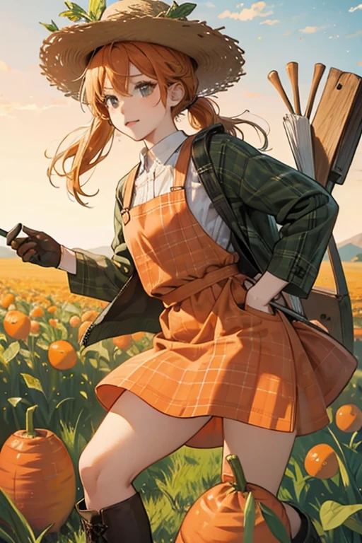 Carrot Cookie's appearance has some references to farmers' attire and scarecrows. She has orange carrot pigtails and has a tiny farmer's hat on her head. She wears an olive green tartan shirt with a brown smock and leather gloves and boots. She also carries a pitchfork. GLITTER