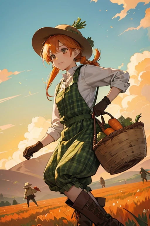 Carrot Cookie's appearance has some  references to farmers' attire and scarecrows. She has orange carrot pigtails and has a tiny farmer's hat on her head. She wears an olive green tartan shirt with a brown smock and leather gloves and boots. She also carries a pitchfork. GLITTER, JELLY