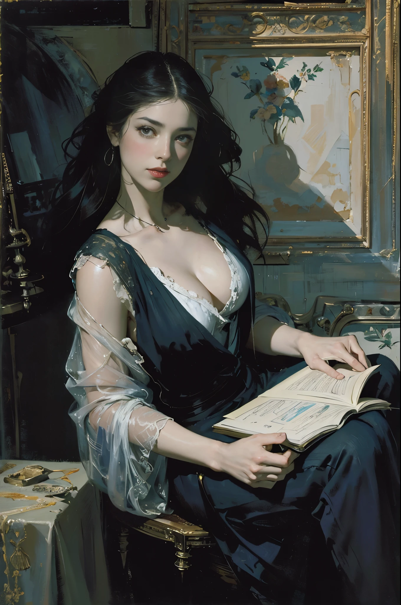 painting of woman, with influence of Jeremy Mann, Jeremy Mann, style of Jeremy Mann, Jeremy Mann painting, Jeremy Mann art, Ron Hicks, Liepke, Jeremy Mann and alphonse mucha, Works that influenced Edmund Blampid, robert lenkiewicz, Casey Baugh and James Jean, Works that influenced Willem Kalf, Nick Alm, tumbler, figurative art, Intense watercolor painting, watercolor detailed art,Beautiful and expressive paintings, Beautiful artwork illustration, wonderful, cool beauty, highest quality, official art, perfect composition,perfect angle, best shot, women only, sharp outline, melancholy, nostalgia, nostalgia, Eyes without pupils, color eye, ideal anima, In search of lost time, marcel proust, sentimental, Full body Esbian, The vague line between past and present, Recall, outdoor, Paris in the first half of the 20th century, Montmartre, Mysterious, In the garden, Dignified standing figure, perfect proportions, The Flower of the Social World