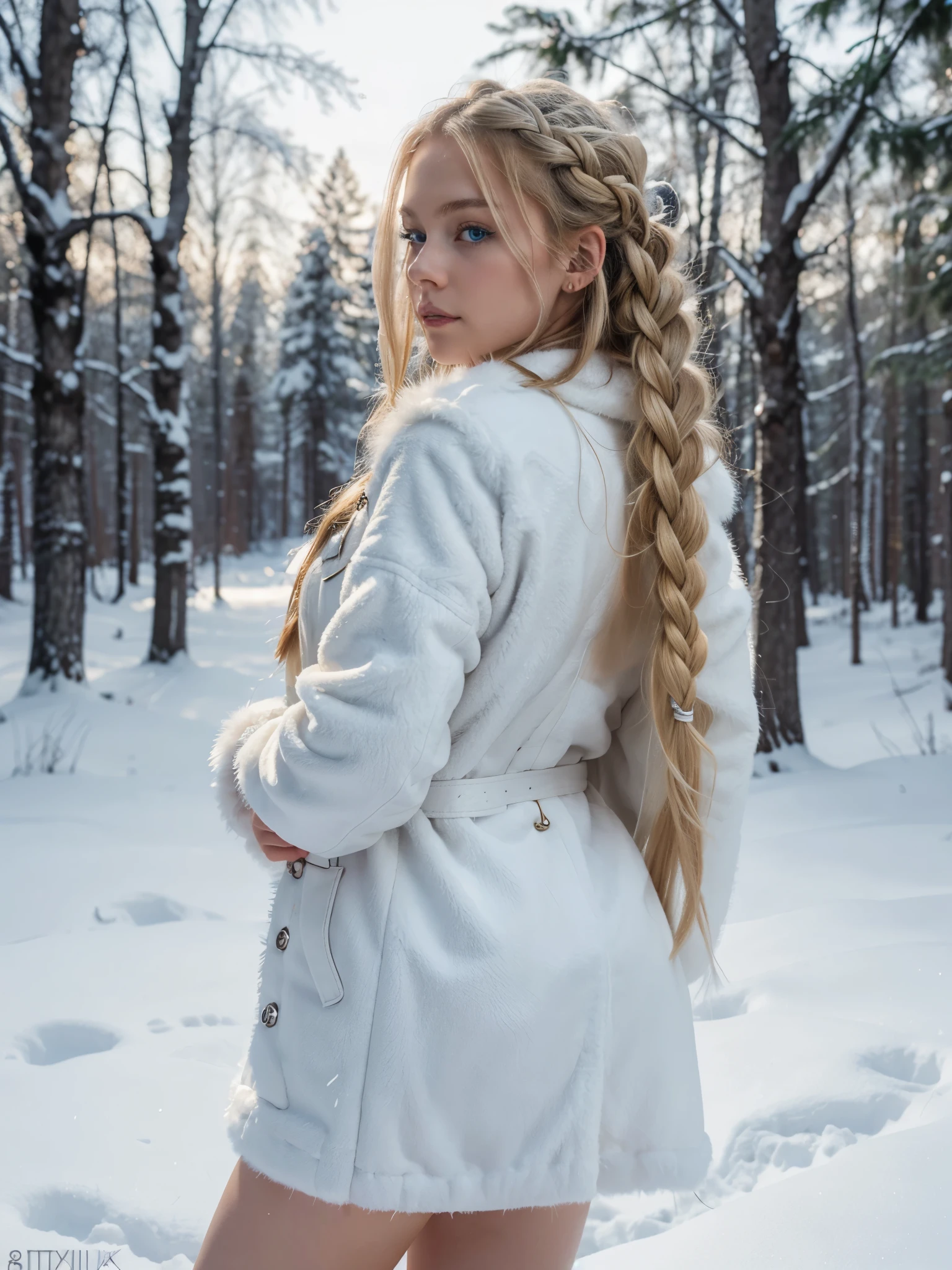 8k, RAW photo, best quality, ultra high resolution, photorealistic, realistic photo of skinny slavec girl in forest at night, (skinny slavec girl, blue eyes, blonde hair, long braid hair), (most beautiful slavec girl in the world), in the winter forest, winter, night time, moon, moonlight, snow, full body portrait, photo from the side, (sexy pose), wearing white winter fur coat, (long white fur coat), looking at viewer, sexy face, (extremely detailed CG unity 8k wallpaper), 8k uhd, dslr, bright lighting, high quality, film grain, Fujifilm XT3 sharp focus, f 5.6, High Detail, Sharp focus