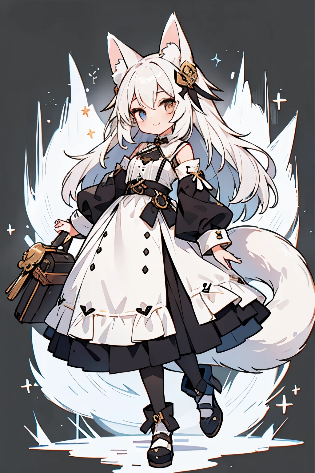 A girl with impressive white hair、Fox ears and tail、Hair Ornament、Black pantyhose、No sleeve、smile、cute shoes with accessories